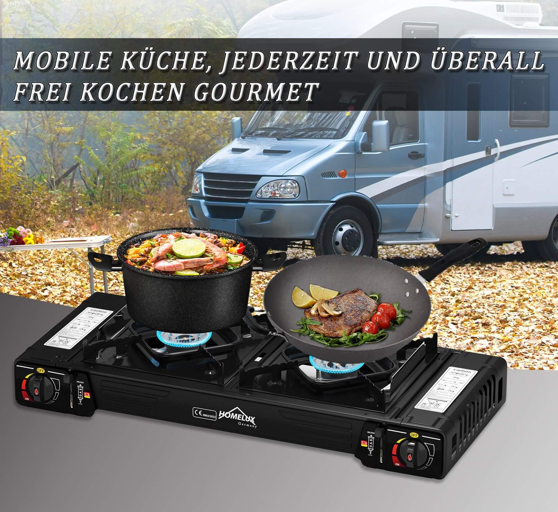 Gaskocher Campingkocher 2-flammig mit Gaskartuschen + 45 x 24 cm Grillplatte - Image 6