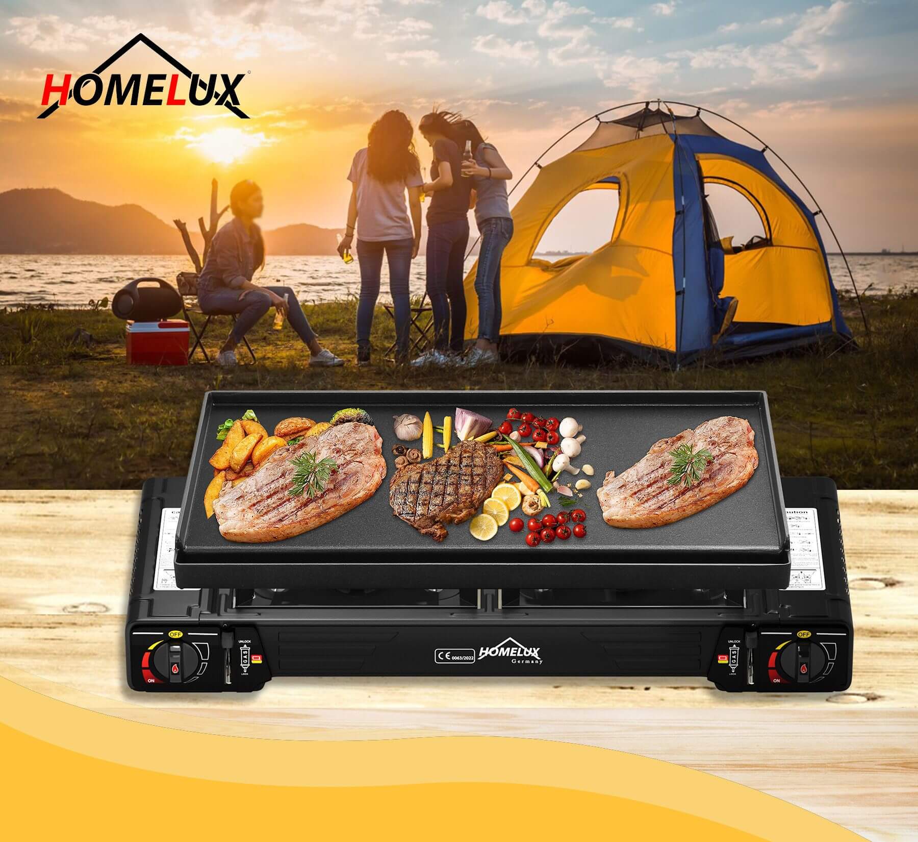 Gaskocher Campingkocher 2-flammig mit Gaskartuschen + 45 x 24 cm Grillplatte - Image 7