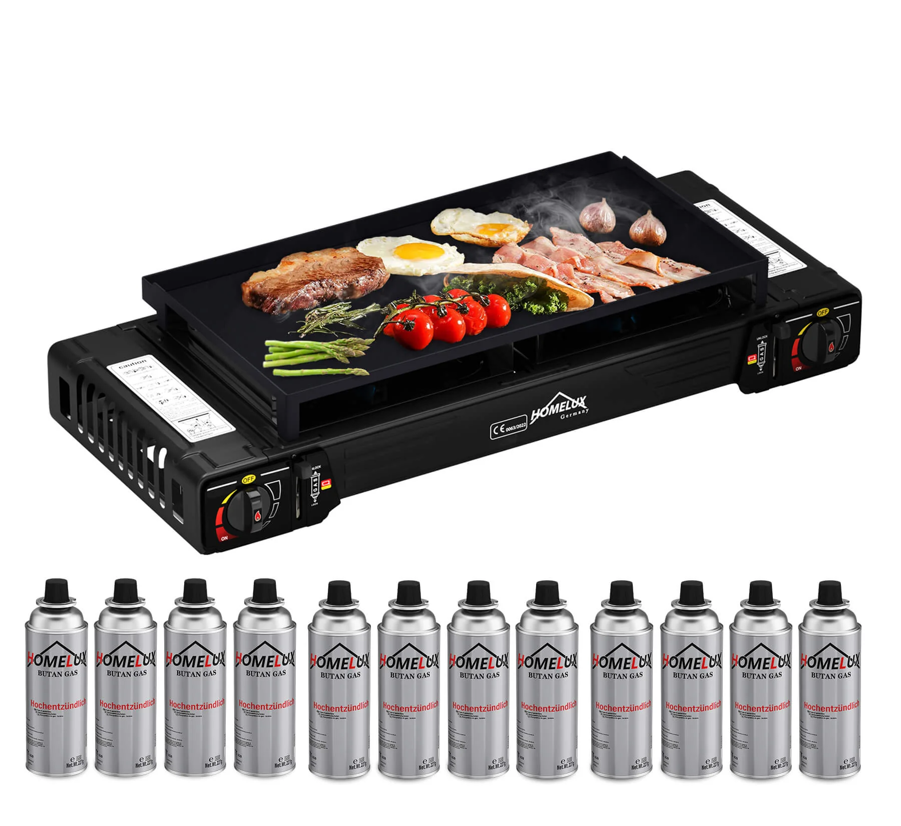 Gaskocher Campingkocher 2-flammig mit Gaskartuschen + 45 x 24 cm Grillplatte - Image 8