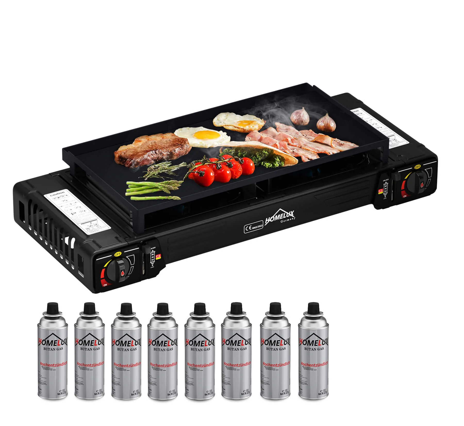 Gaskocher Campingkocher 2-flammig mit Gaskartuschen + 45 x 24 cm Grillplatte - Image 9