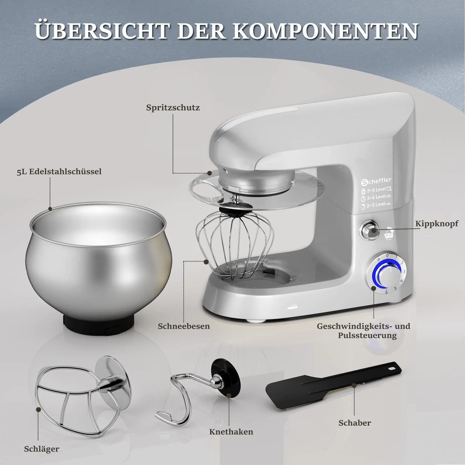 Küchenmaschine 2000W ,5L Edelstahlschüssel Knetmaschine mit 6. Gang, Große Küchenmaschine 5L 2000W Knetmaschine Rührmaschine Rührgerät - Image 4