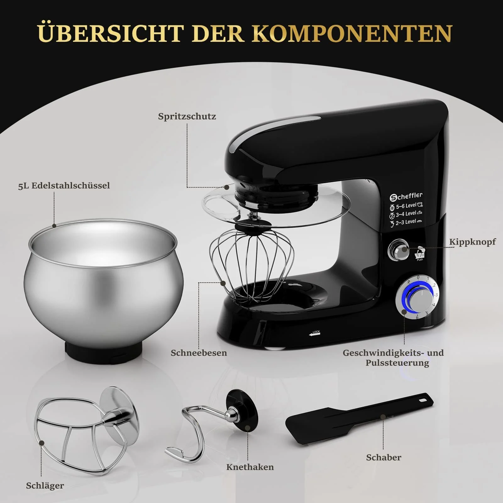 Küchenmaschine 2000W ,5L Edelstahlschüssel Knetmaschine mit 6. Gang, Große Küchenmaschine 5L 2000W Knetmaschine Rührmaschine Rührgerät - Image 9