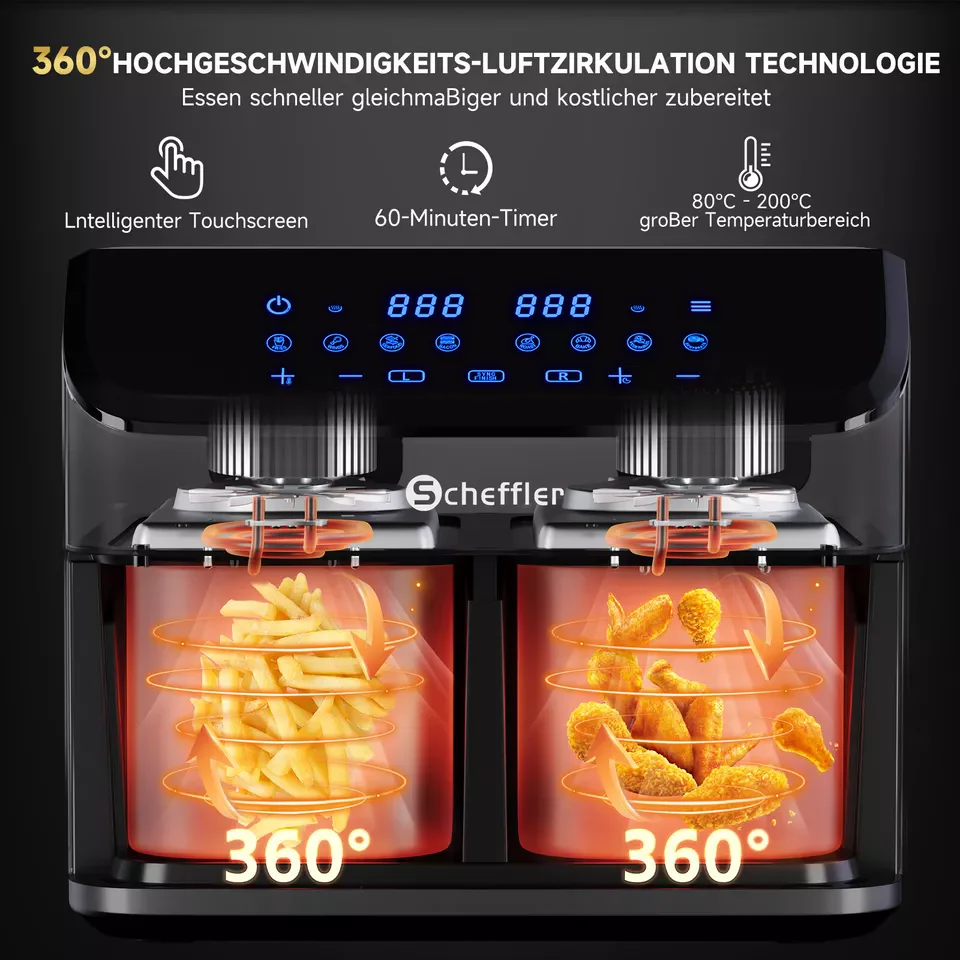 Scheffler Heißluftfritteuse 2 kammern 9L Airfryer 8 Programme Dual Cook & Sync Finish - Image 6