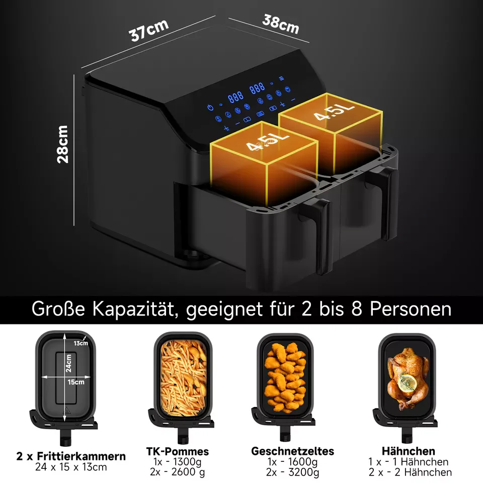 Scheffler Heißluftfritteuse 2 kammern 9L Airfryer 8 Programme Dual Cook & Sync Finish - Image 7