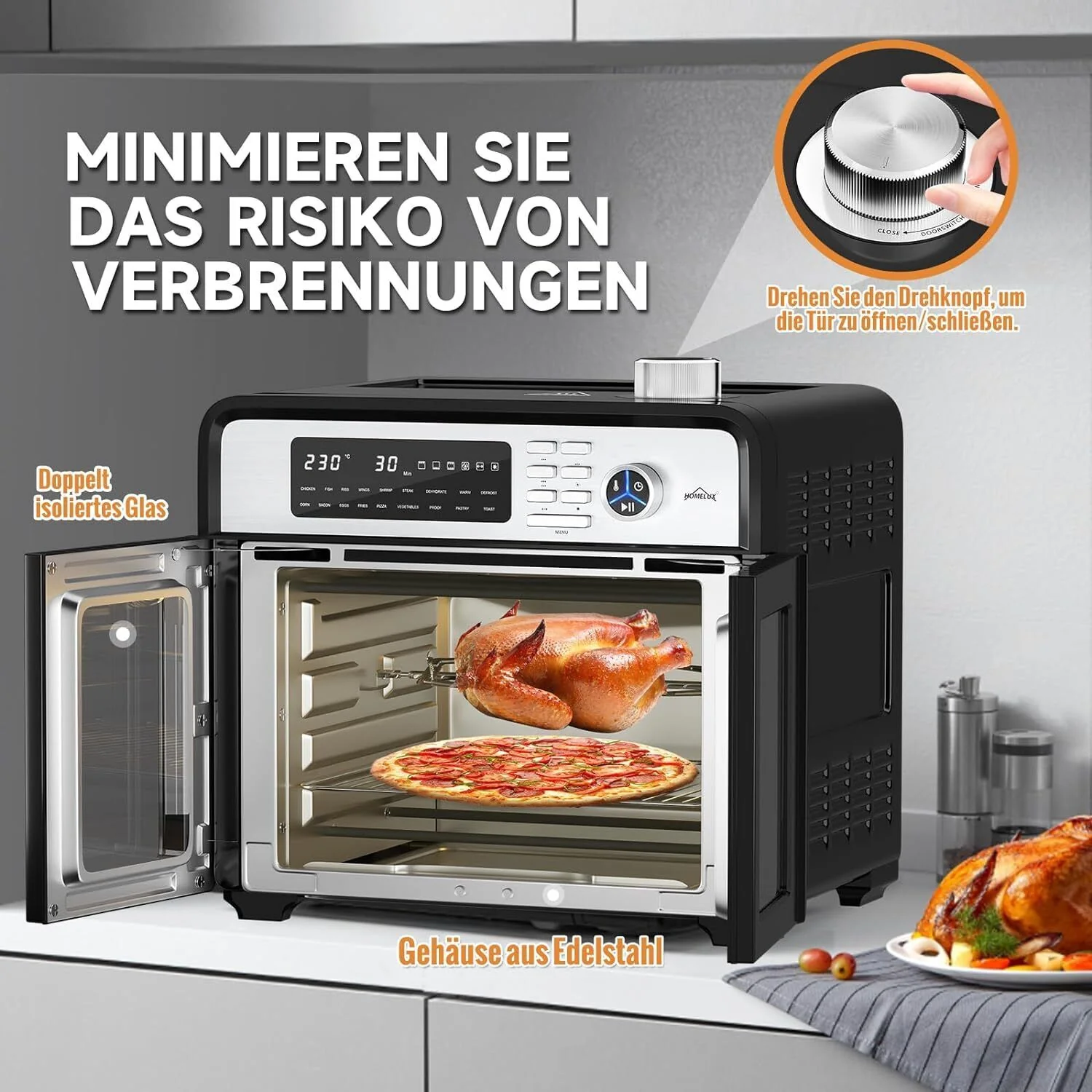 Heißluftfritteuse 28L Minibackofen mit Umluft XXL Grill 1700W Heißluft-Backofen - Image 3