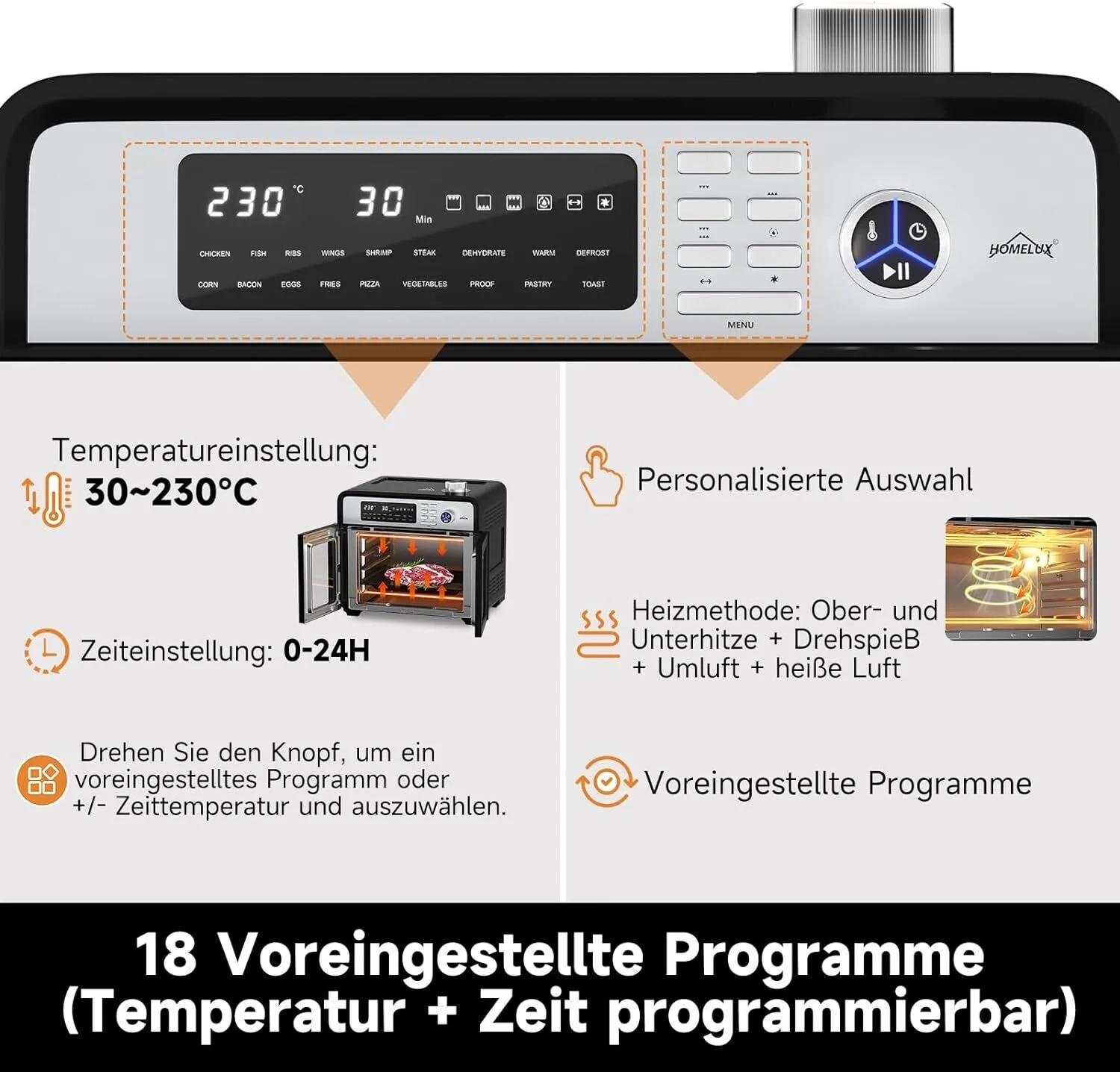 Heißluftfritteuse 28L Minibackofen mit Umluft XXL Grill 1700W Heißluft-Backofen - Image 5