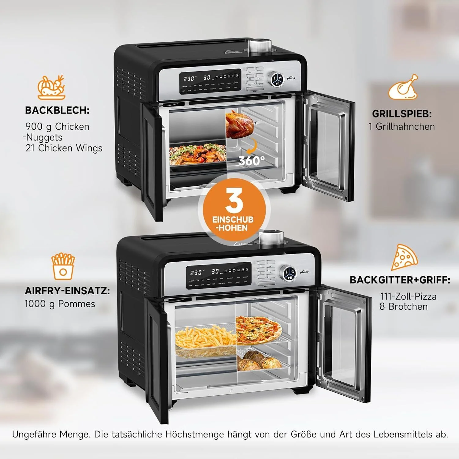 Heißluftfritteuse 28L Minibackofen mit Umluft XXL Grill 1700W Heißluft-Backofen - Image 7