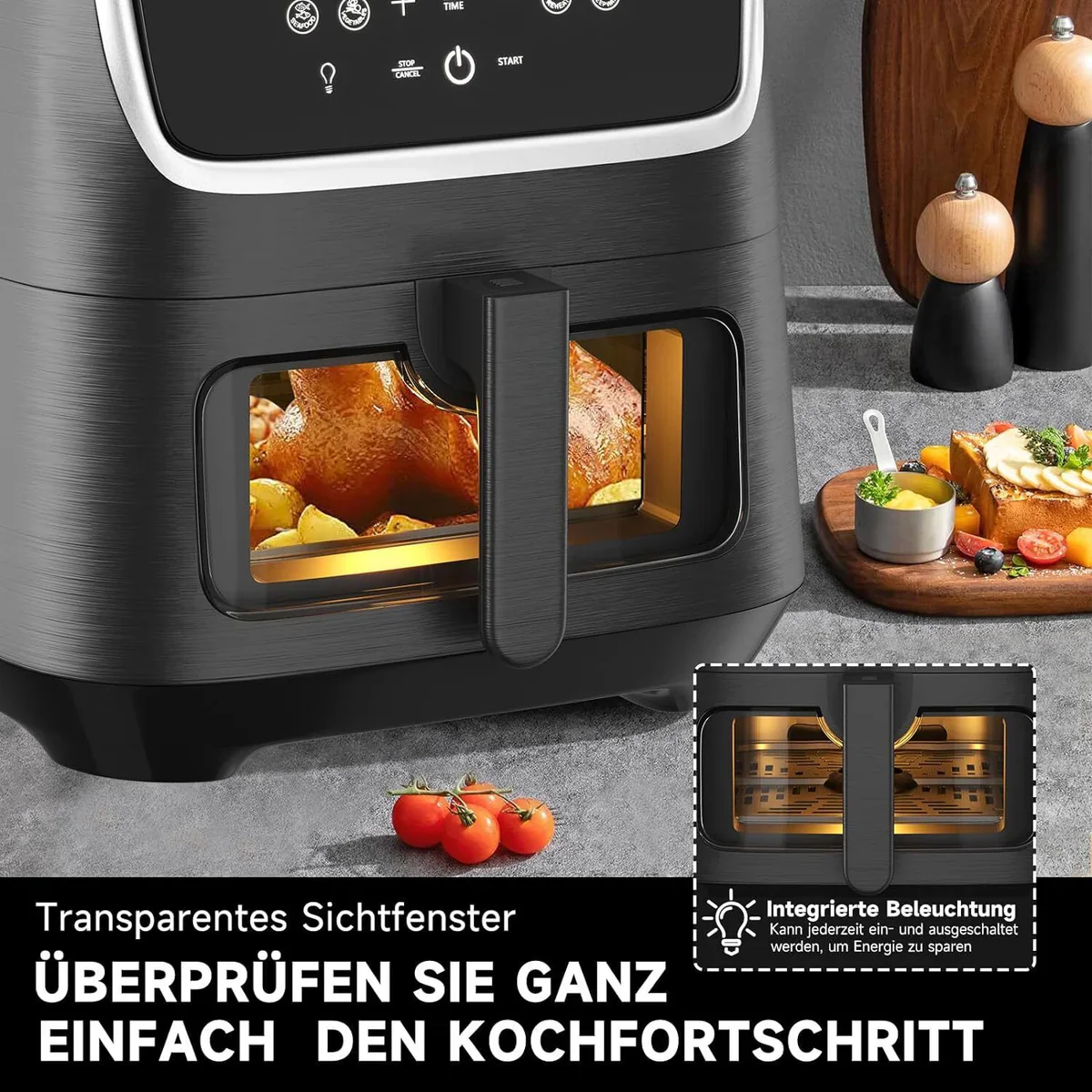 Scheffler Heißluftfritteuse XXL 5.5L Sicherheitsschutz Airfryer mit Sichtfenster, 1800W, 12 Programmen LED-Touchscreen BPA-frei - Image 5
