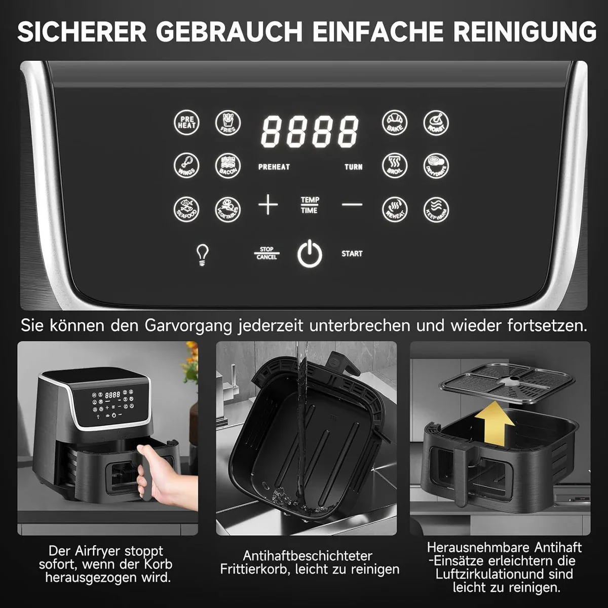 Scheffler Heißluftfritteuse XXL 5.5L Sicherheitsschutz Airfryer mit Sichtfenster, 1800W, 12 Programmen LED-Touchscreen BPA-frei - Image 6