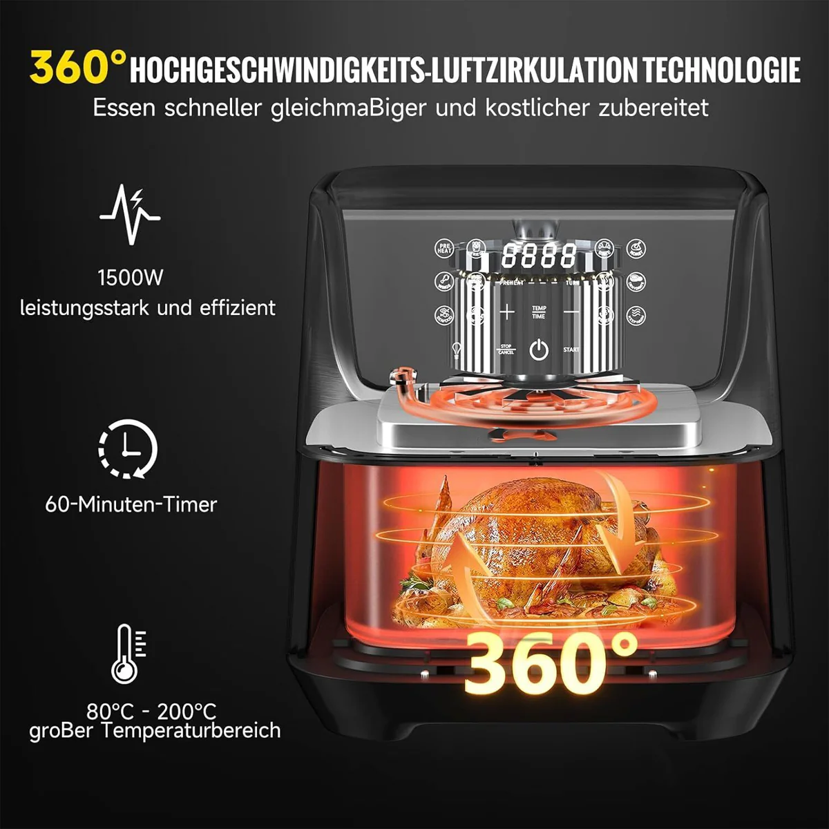 Scheffler Heißluftfritteuse XXL 5.5L Sicherheitsschutz Airfryer mit Sichtfenster, 1800W, 12 Programmen LED-Touchscreen BPA-frei - Image 7