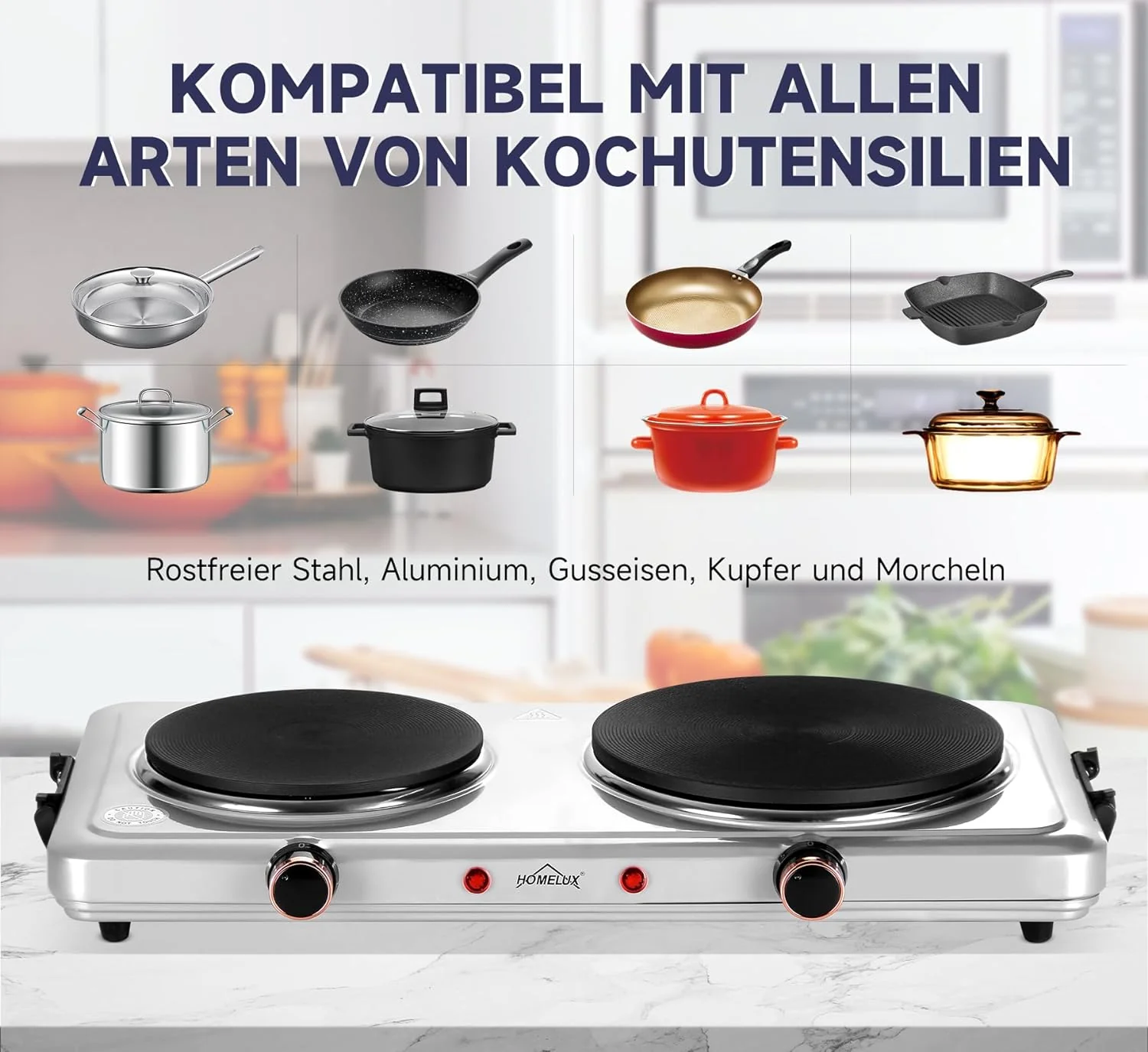 Homelux Kochplatte 1000 / 1500 / 2000 / 2500W Herdplatte, Einzeln Regelbare 5 Heizstufen, Edelstahl Kochfeld für Küche, Büro oder Camping - Image 12