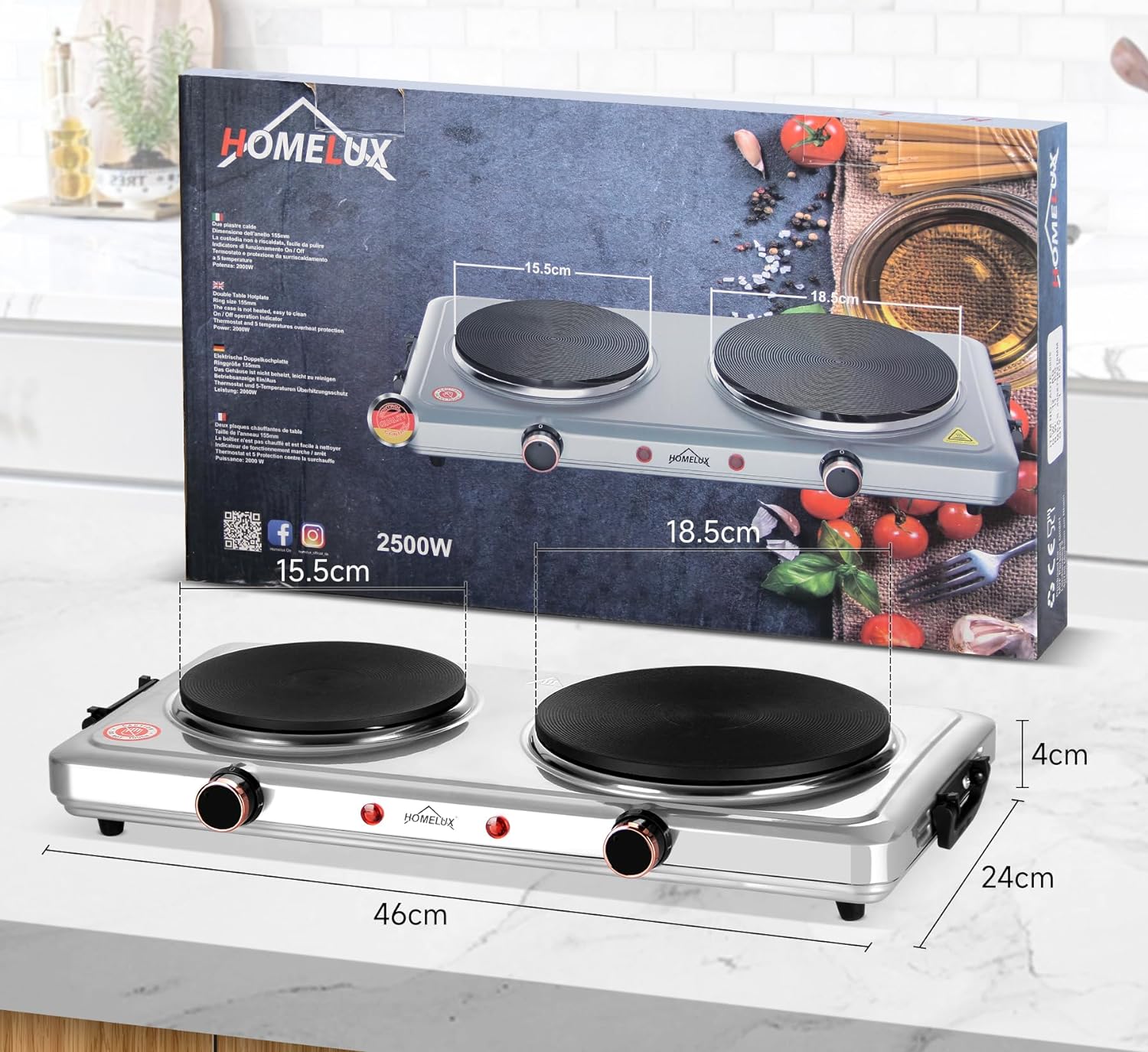 Homelux Kochplatte 1000 / 1500 / 2000 / 2500W Herdplatte, Einzeln Regelbare 5 Heizstufen, Edelstahl Kochfeld für Küche, Büro oder Camping - Image 16