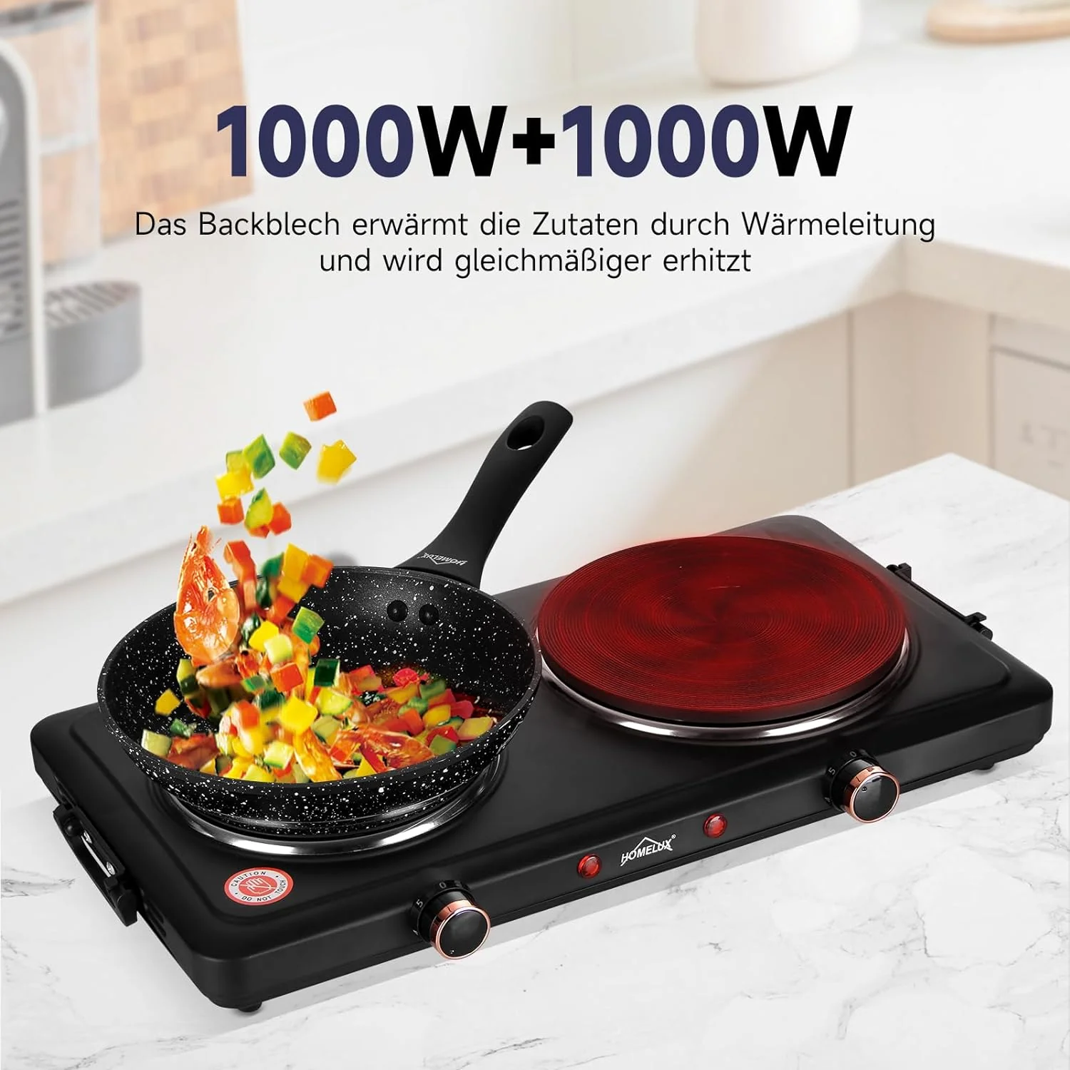 Homelux Kochplatte 1000 / 1500 / 2000 / 2500W Herdplatte, Einzeln Regelbare 5 Heizstufen, Edelstahl Kochfeld für Küche, Büro oder Camping - Image 17