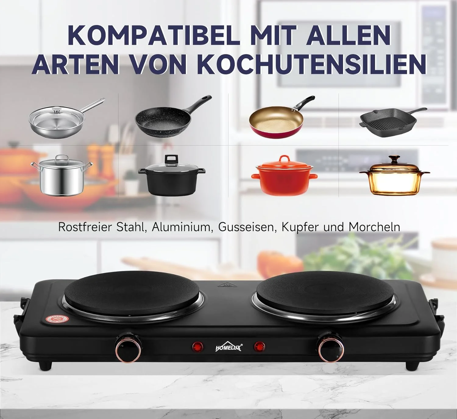 Homelux Kochplatte 1000 / 1500 / 2000 / 2500W Herdplatte, Einzeln Regelbare 5 Heizstufen, Edelstahl Kochfeld für Küche, Büro oder Camping - Image 18