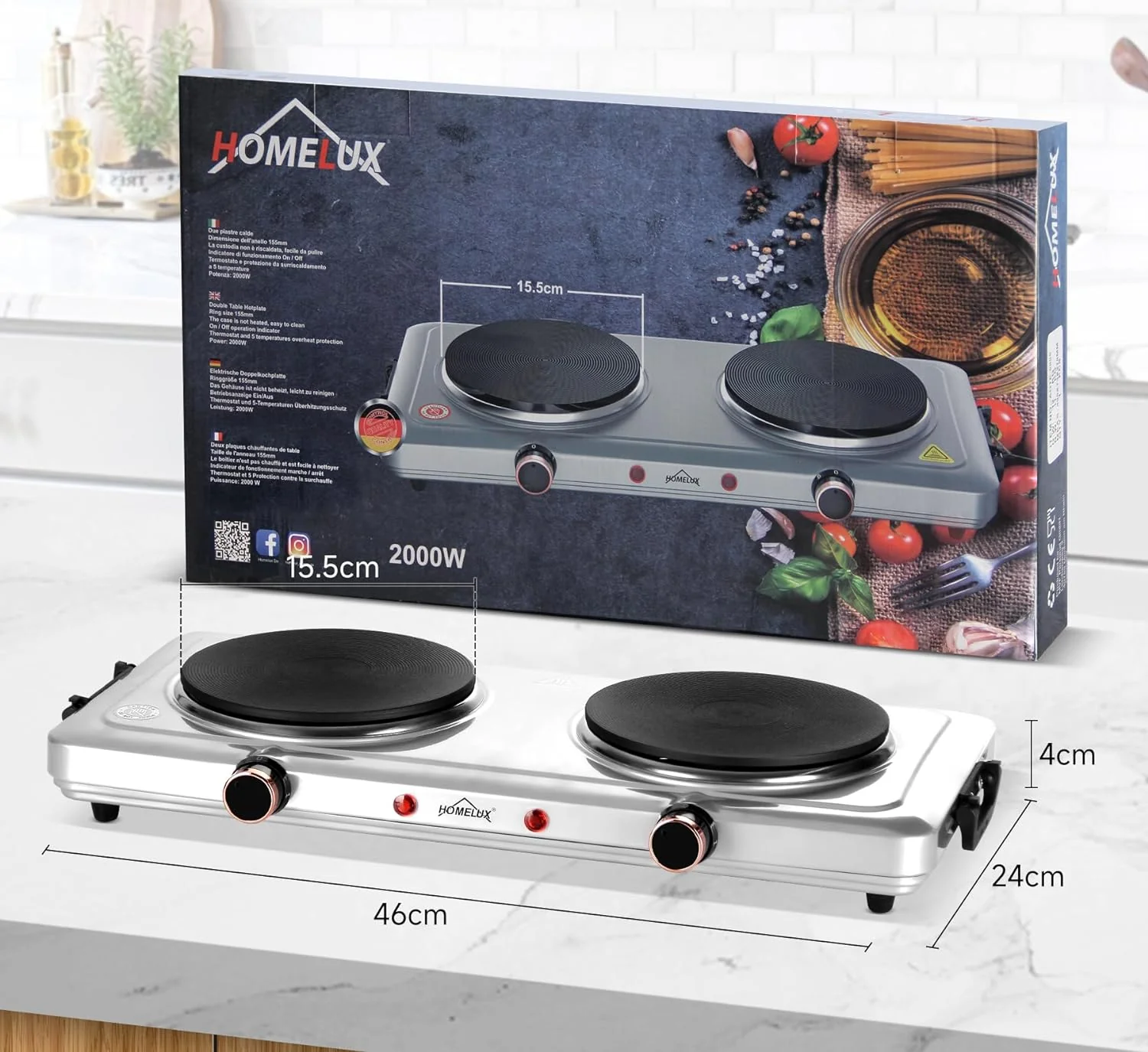Homelux Kochplatte 1000 / 1500 / 2000 / 2500W Herdplatte, Einzeln Regelbare 5 Heizstufen, Edelstahl Kochfeld für Küche, Büro oder Camping - Image 19