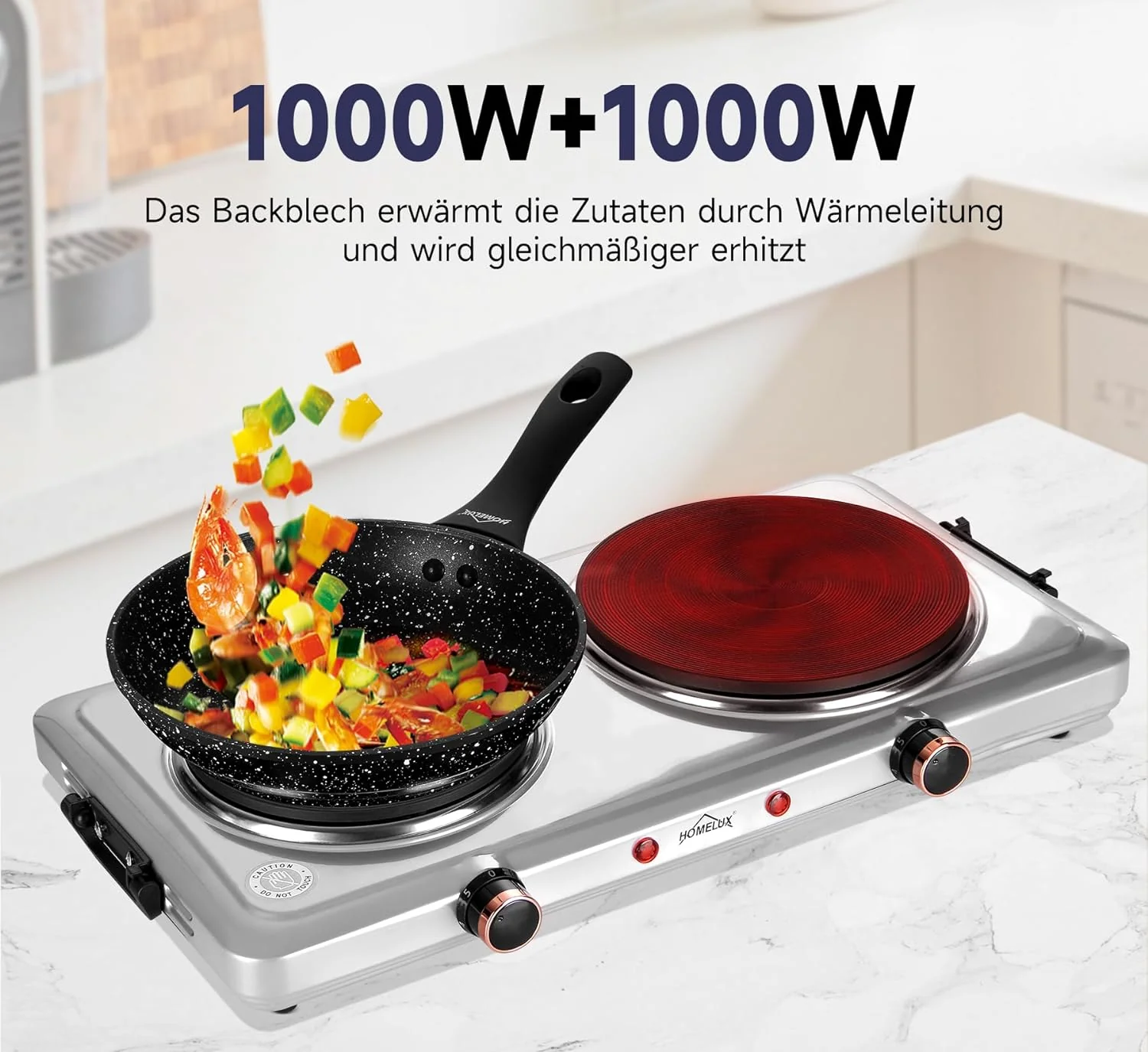Homelux Kochplatte 1000 / 1500 / 2000 / 2500W Herdplatte, Einzeln Regelbare 5 Heizstufen, Edelstahl Kochfeld für Küche, Büro oder Camping - Image 20