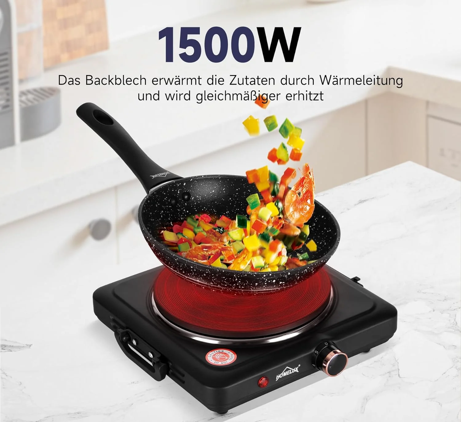 Homelux Kochplatte 1000 / 1500 / 2000 / 2500W Herdplatte, Einzeln Regelbare 5 Heizstufen, Edelstahl Kochfeld für Küche, Büro oder Camping - Image 5