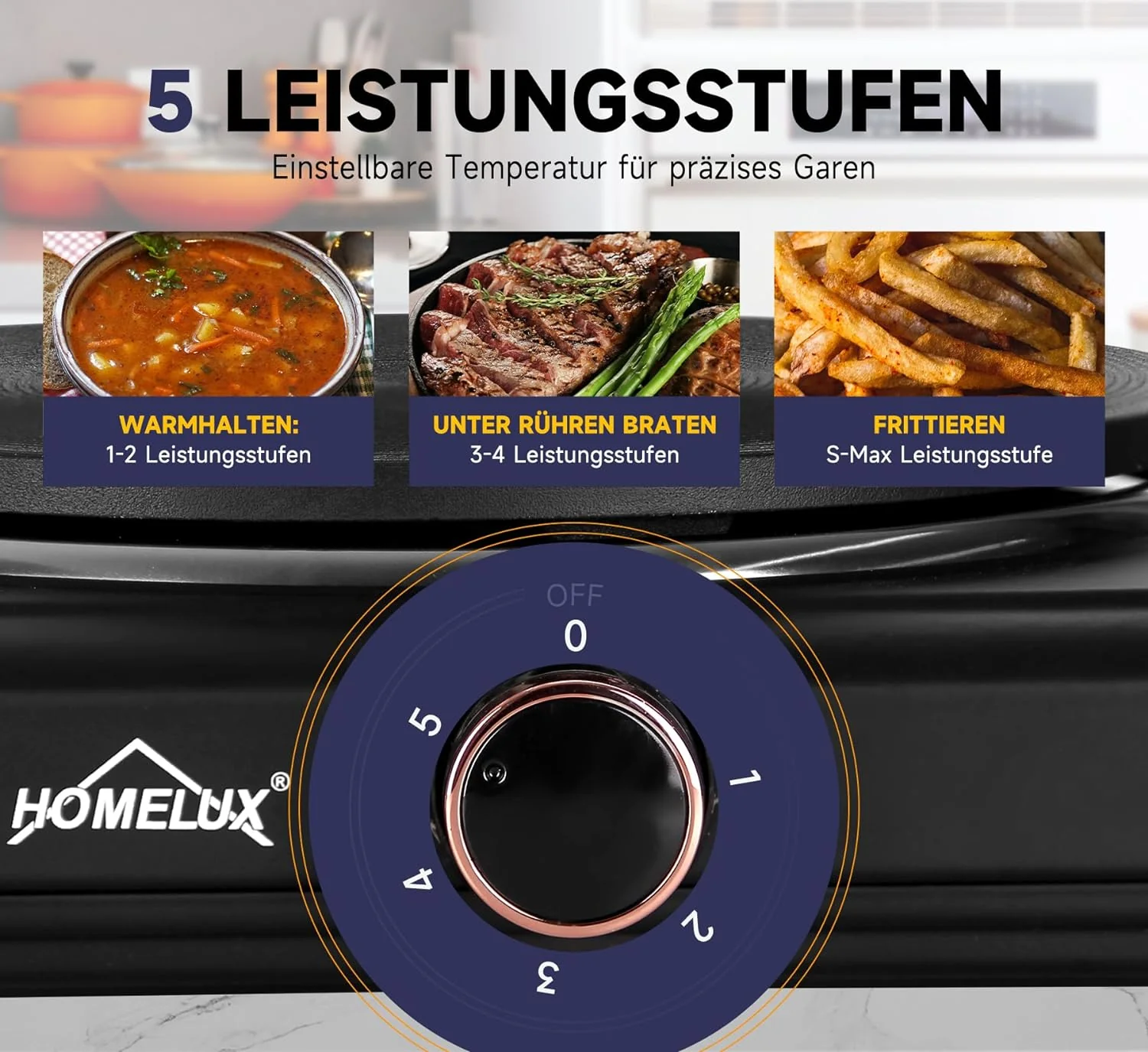 Homelux Kochplatte 1000 / 1500 / 2000 / 2500W Herdplatte, Einzeln Regelbare 5 Heizstufen, Edelstahl Kochfeld für Küche, Büro oder Camping - Image 7