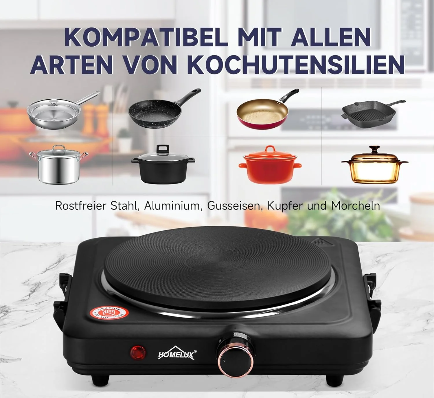 Homelux Kochplatte 1000 / 1500 / 2000 / 2500W Herdplatte, Einzeln Regelbare 5 Heizstufen, Edelstahl Kochfeld für Küche, Büro oder Camping - Image 8