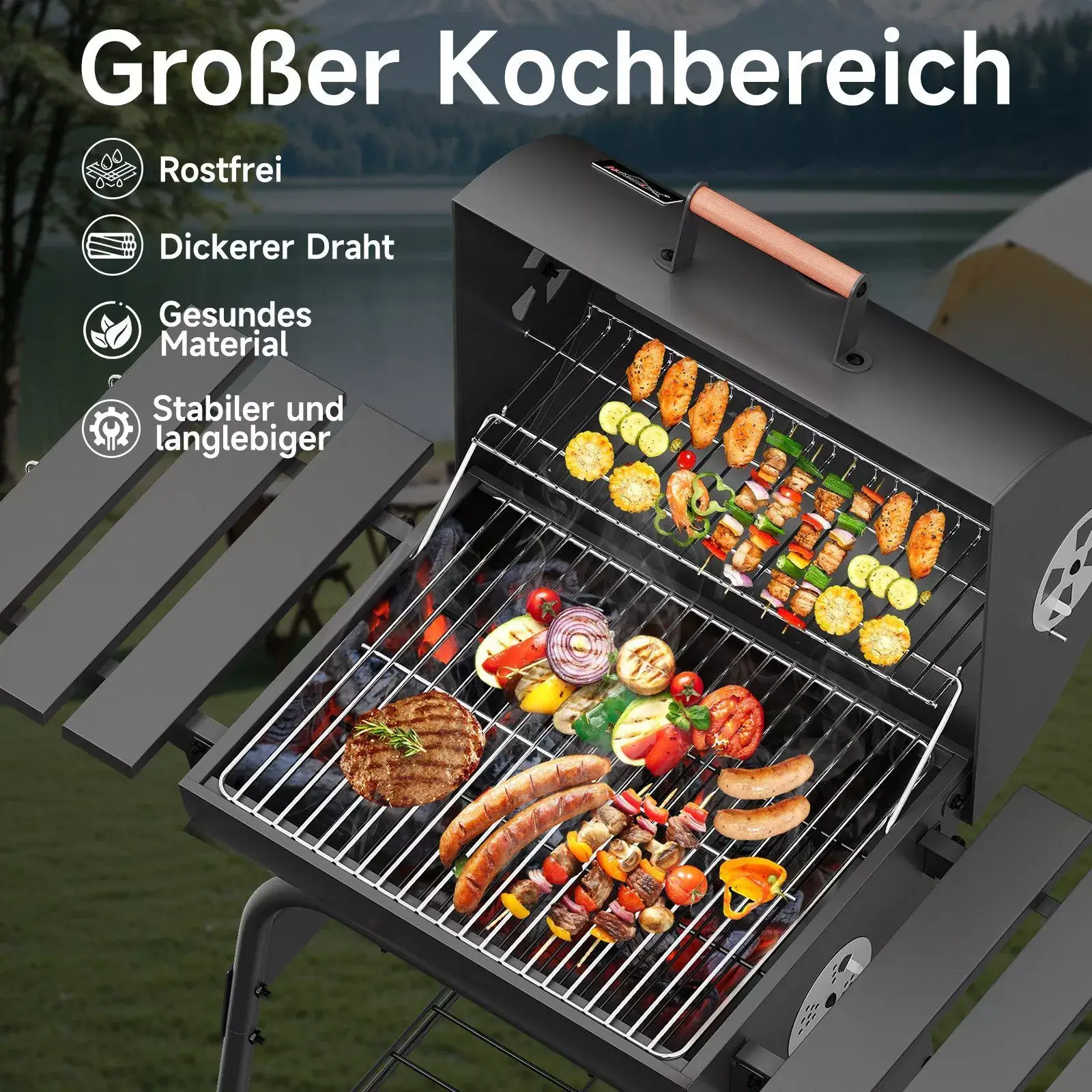 Holzkohlegrill BBQ Smoker – Robuster Grillwagen mit Thermometer, Räucherofen & Ablagen für perfektes Grillvergnügen - Image 3