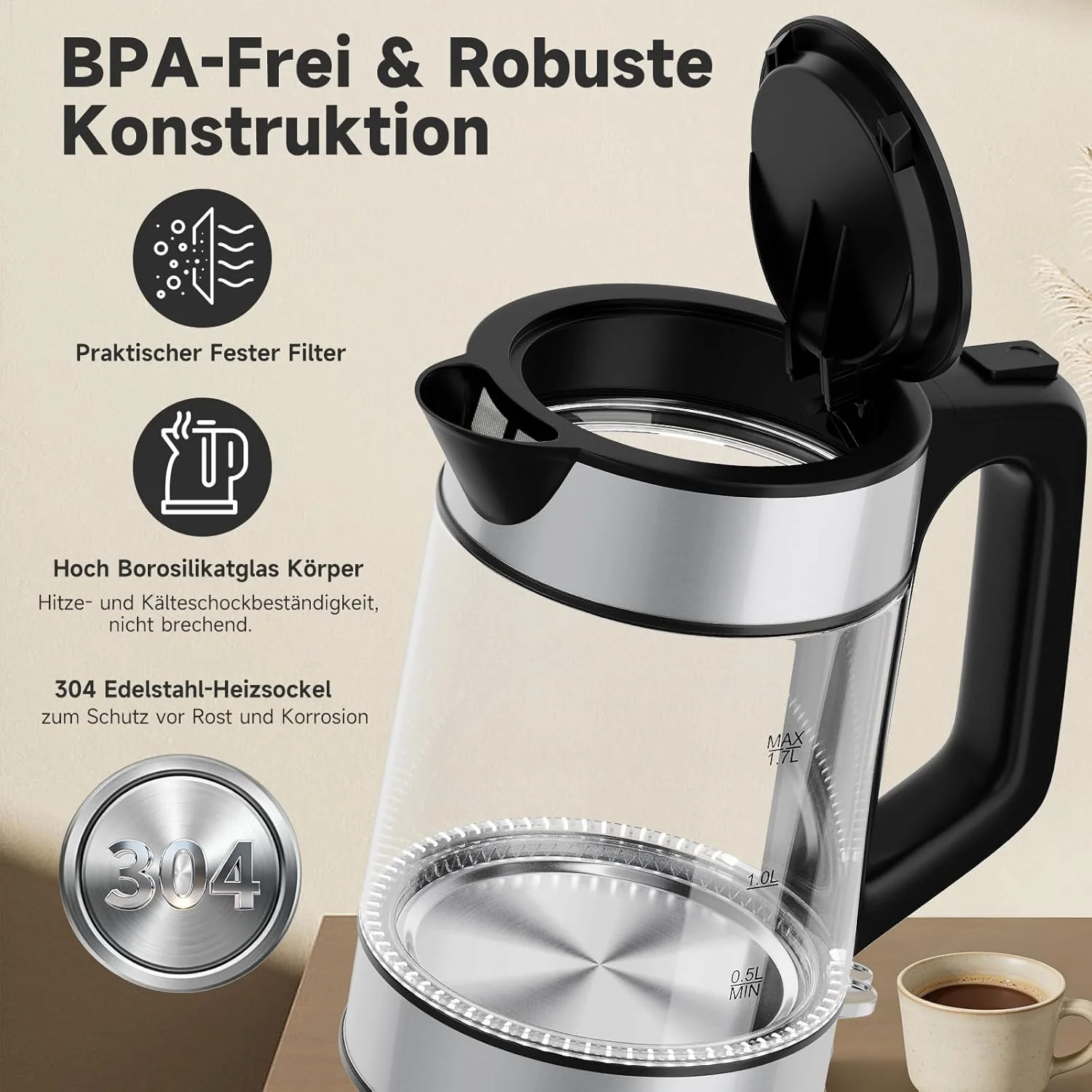 HOMELUX 1,7L Glaswasserkocher mit blauer LED, 2200W, Borosilikatglas, Edelstahl, BPA-frei, Automatische Abschaltung & Trockengehschutz - Image 3