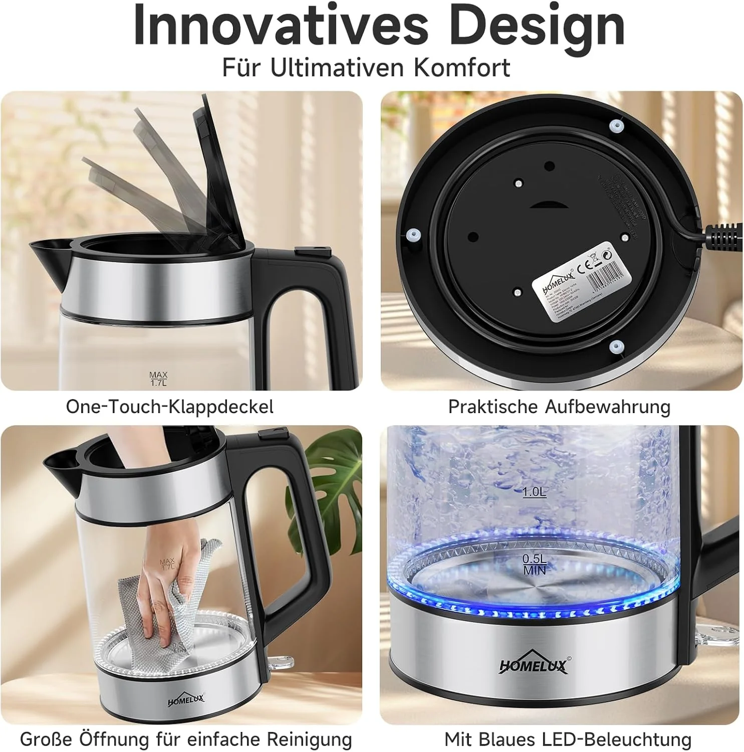 HOMELUX 1,7L Glaswasserkocher mit blauer LED, 2200W, Borosilikatglas, Edelstahl, BPA-frei, Automatische Abschaltung & Trockengehschutz - Image 4