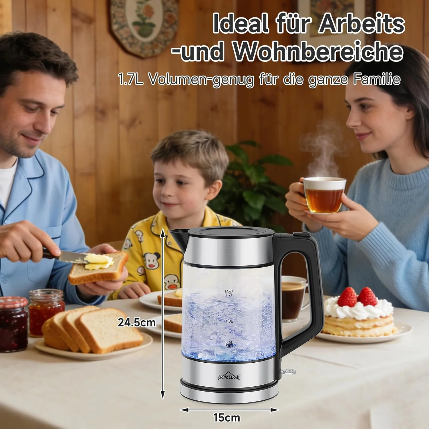 HOMELUX 1,7L Glaswasserkocher mit blauer LED, 2200W, Borosilikatglas, Edelstahl, BPA-frei, Automatische Abschaltung & Trockengehschutz - Image 5
