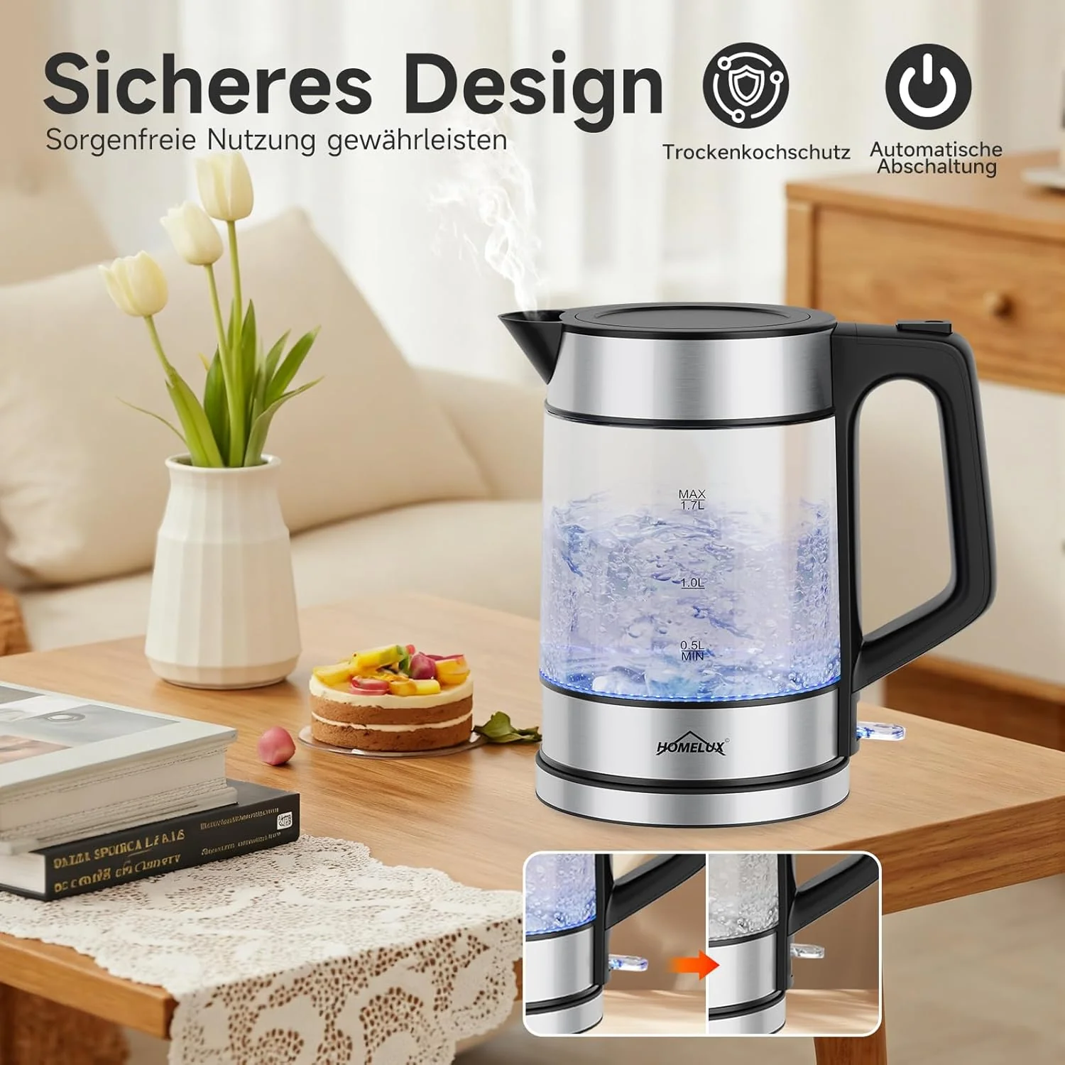 HOMELUX 1,7L Glaswasserkocher mit blauer LED, 2200W, Borosilikatglas, Edelstahl, BPA-frei, Automatische Abschaltung & Trockengehschutz - Image 6