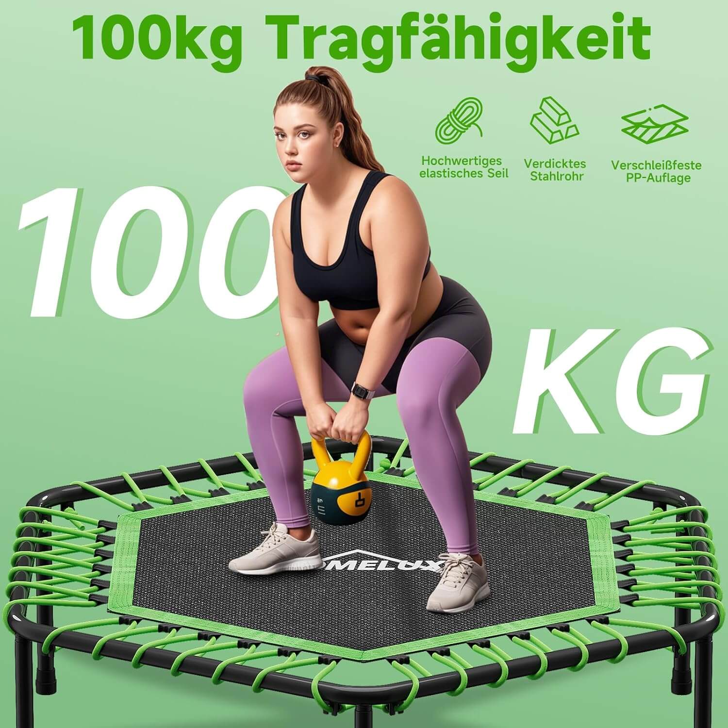HOMELUX 114x126cm Fitness Trampolin Verstellbarer Haltegriff, leises & gelenkschonendes Springen, 100kg Belastbarkeit, Indoor geeignet - Image 3