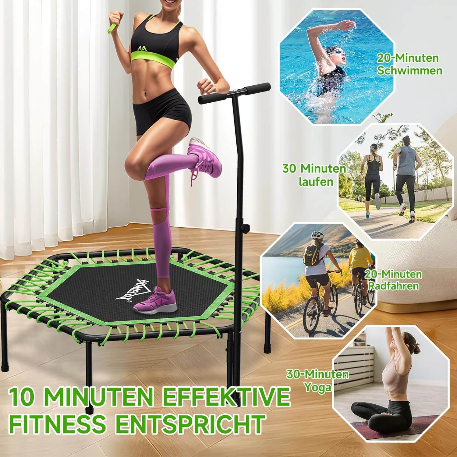 HOMELUX 114x126cm Fitness Trampolin Verstellbarer Haltegriff, leises & gelenkschonendes Springen, 100kg Belastbarkeit, Indoor geeignet - Image 7