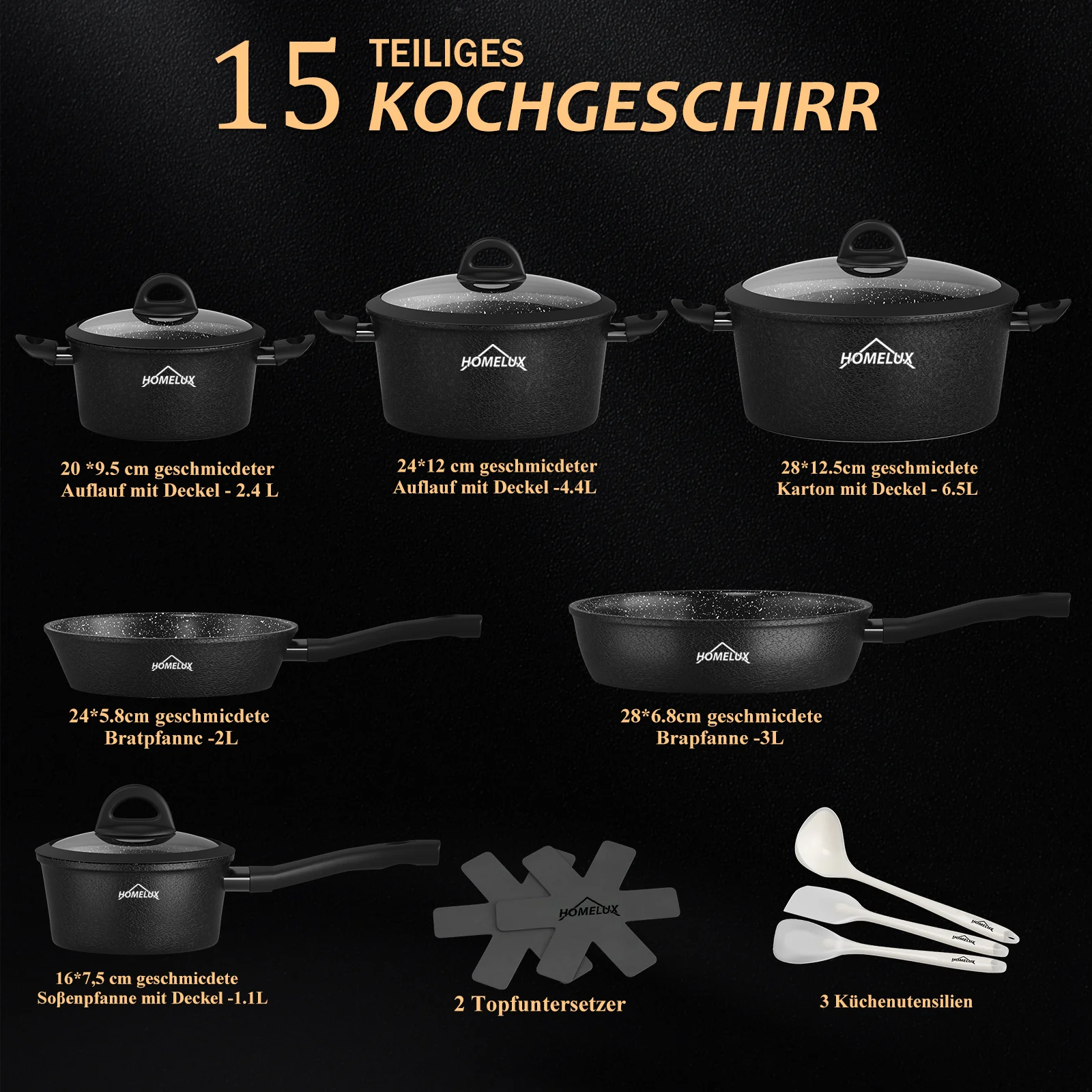 HOMELUX 15-tlg. Premium Kochgeschirr-Set: Induktion & Backofenfest, inklusive Profi-Töpfe & Pfannen - Image 2