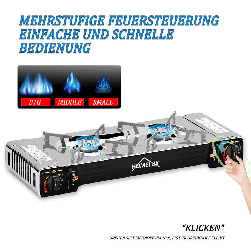 HOMELUX Gaskochfeld 2-flammiger Gaskocher ausgestattet mit / ohne 227g Gaskartusche für den Outdoor-Einsatz - Image 5