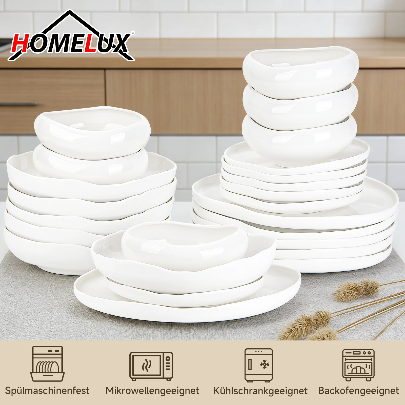 HOMELUX 24-teiliges Porzellan-Tafelservice für 6 Personen, modernes, weißes Geschirrset in asymmetrischer Form, spülmaschinenfest - Image 10