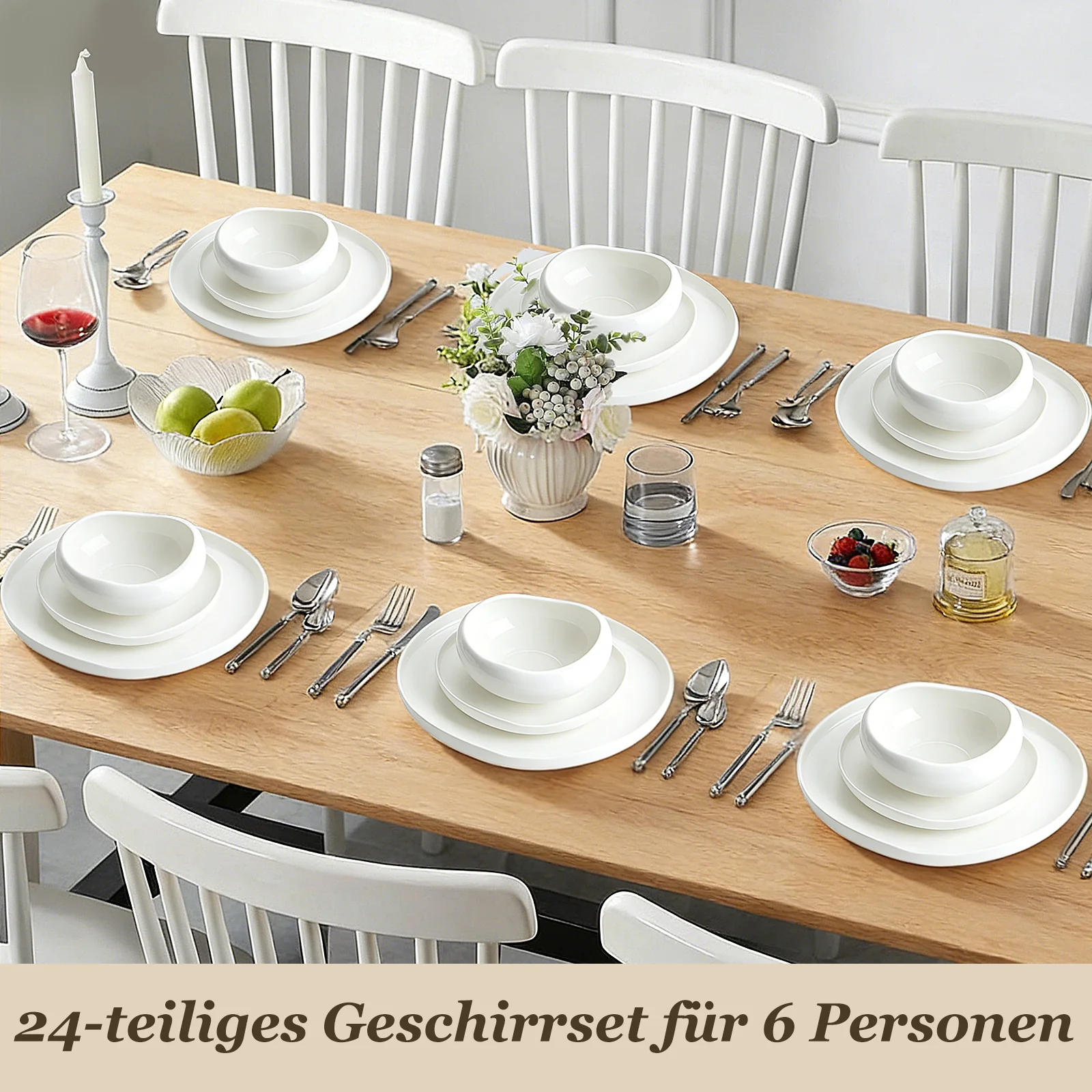 HOMELUX 24-teiliges Porzellan-Tafelservice für 6 Personen, modernes, weißes Geschirrset in asymmetrischer Form, spülmaschinenfest - Image 11