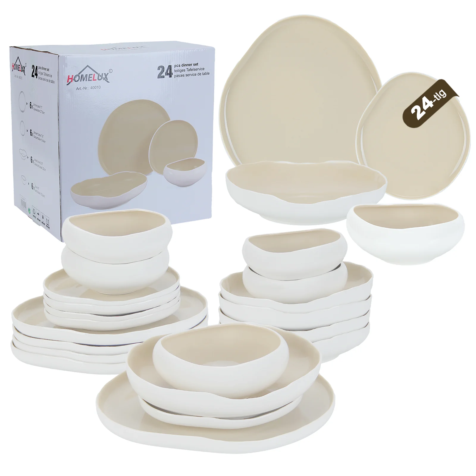HOMELUX 24-teiliges Porzellan-Tafelservice für 6 Personen, modernes, weißes Geschirrset in asymmetrischer Form, spülmaschinenfest - Image 4