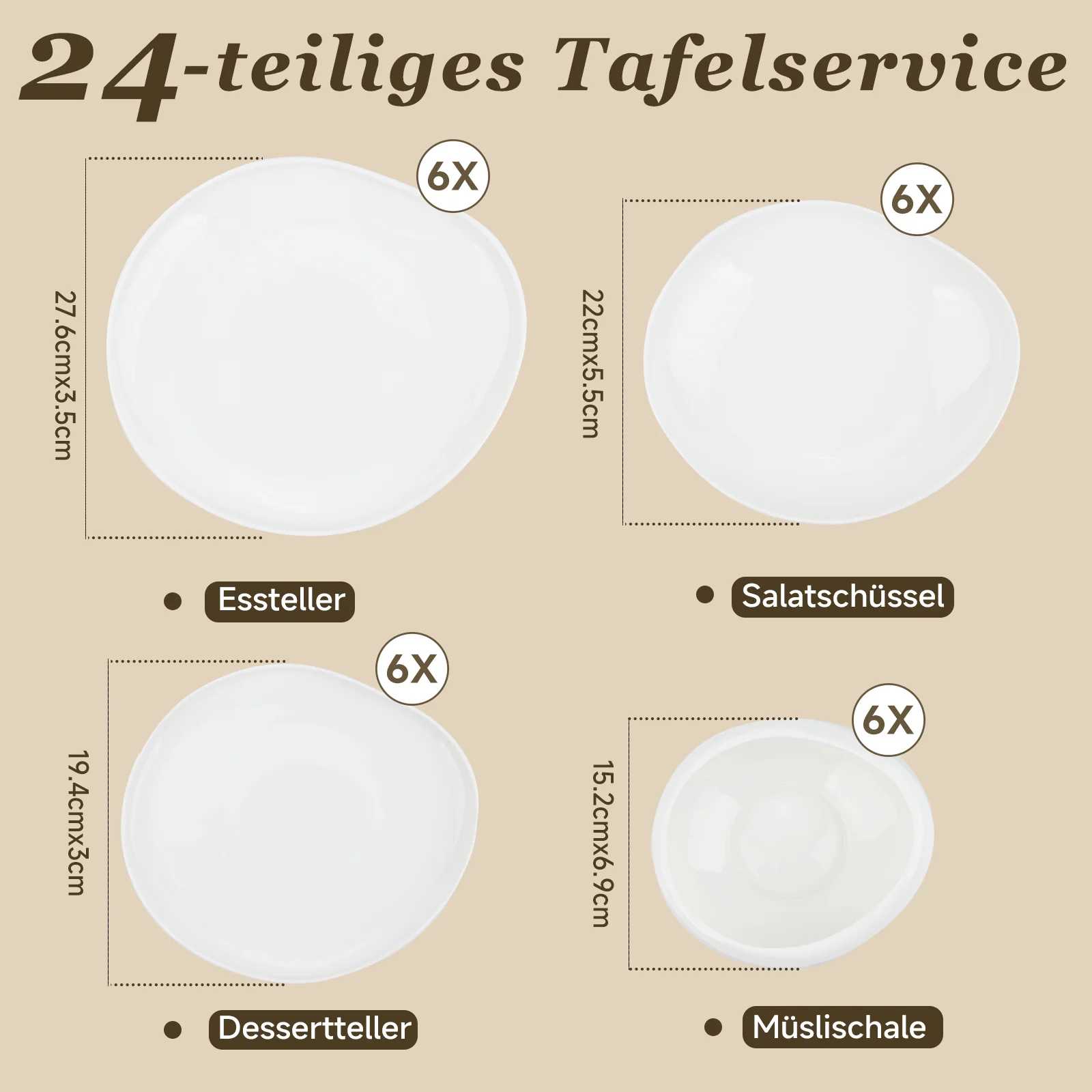 HOMELUX 24-teiliges Porzellan-Tafelservice für 6 Personen, modernes, weißes Geschirrset in asymmetrischer Form, spülmaschinenfest - Image 7