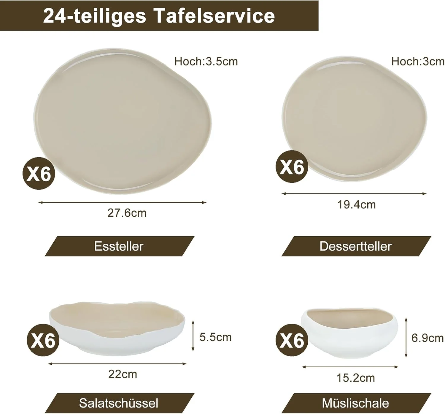 HOMELUX 24-teiliges Porzellan-Tafelservice für 6 Personen, modernes, weißes Geschirrset in asymmetrischer Form, spülmaschinenfest - Image 9