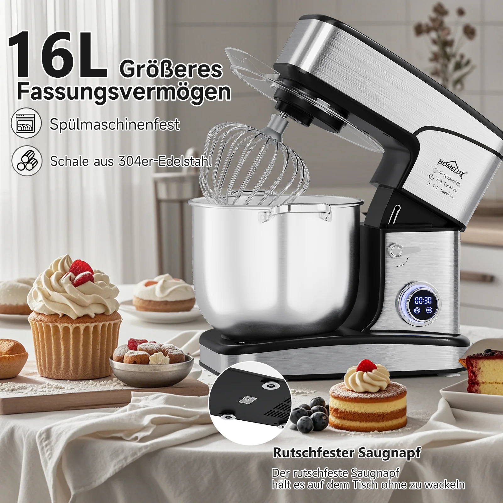 2800W 16L XXL HOMELUX Küchenmaschine mit 16L XXL Edelstahl-Schüssel und digitaler Steuerung - Image 3