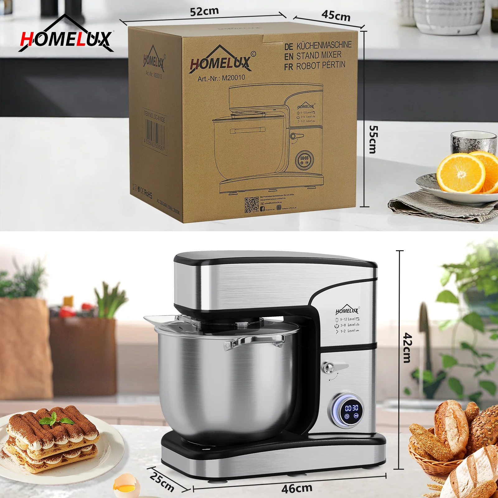 2800W 16L XXL HOMELUX Küchenmaschine mit 16L XXL Edelstahl-Schüssel und digitaler Steuerung - Image 6