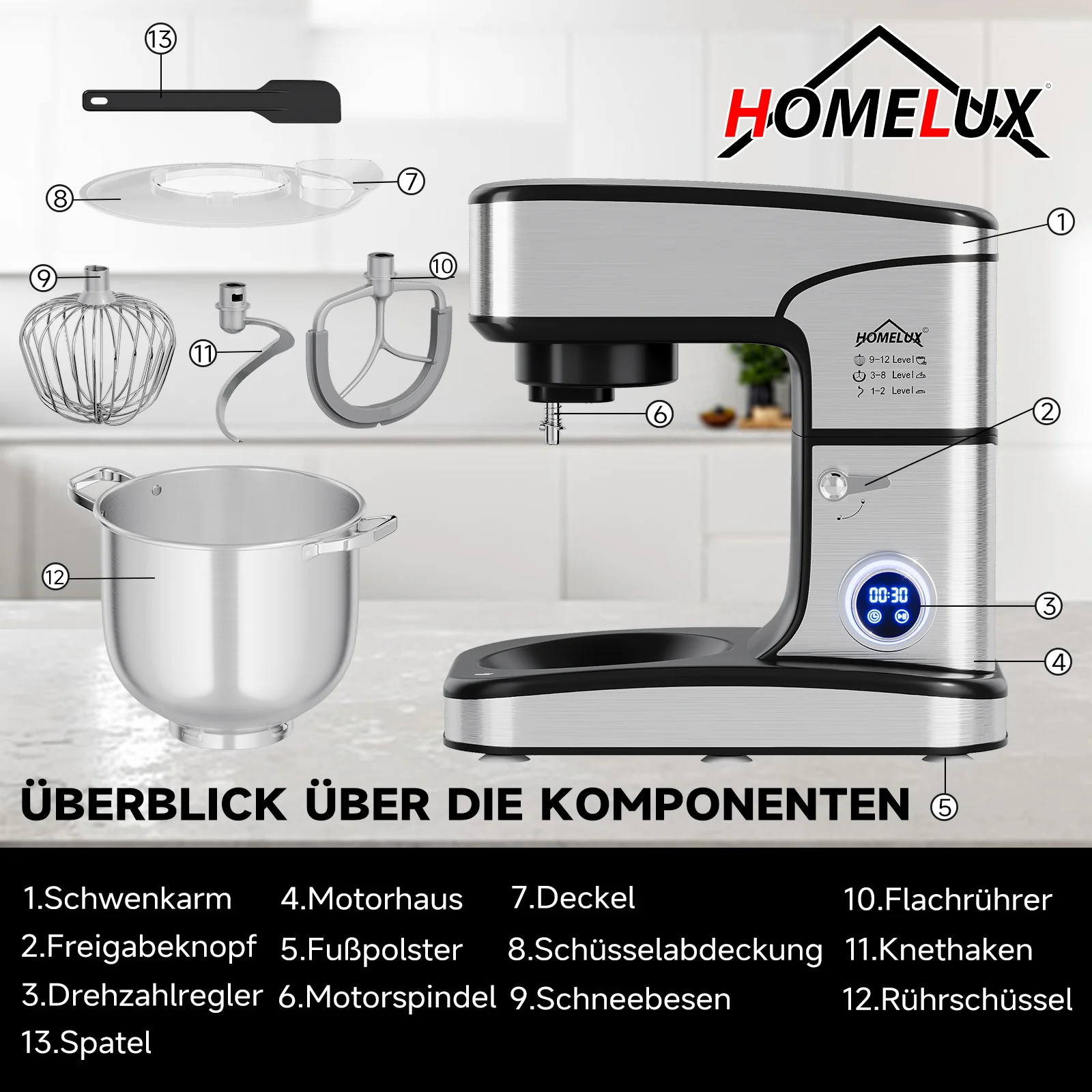 2800W 16L XXL HOMELUX Küchenmaschine mit 16L XXL Edelstahl-Schüssel und digitaler Steuerung - Image 7