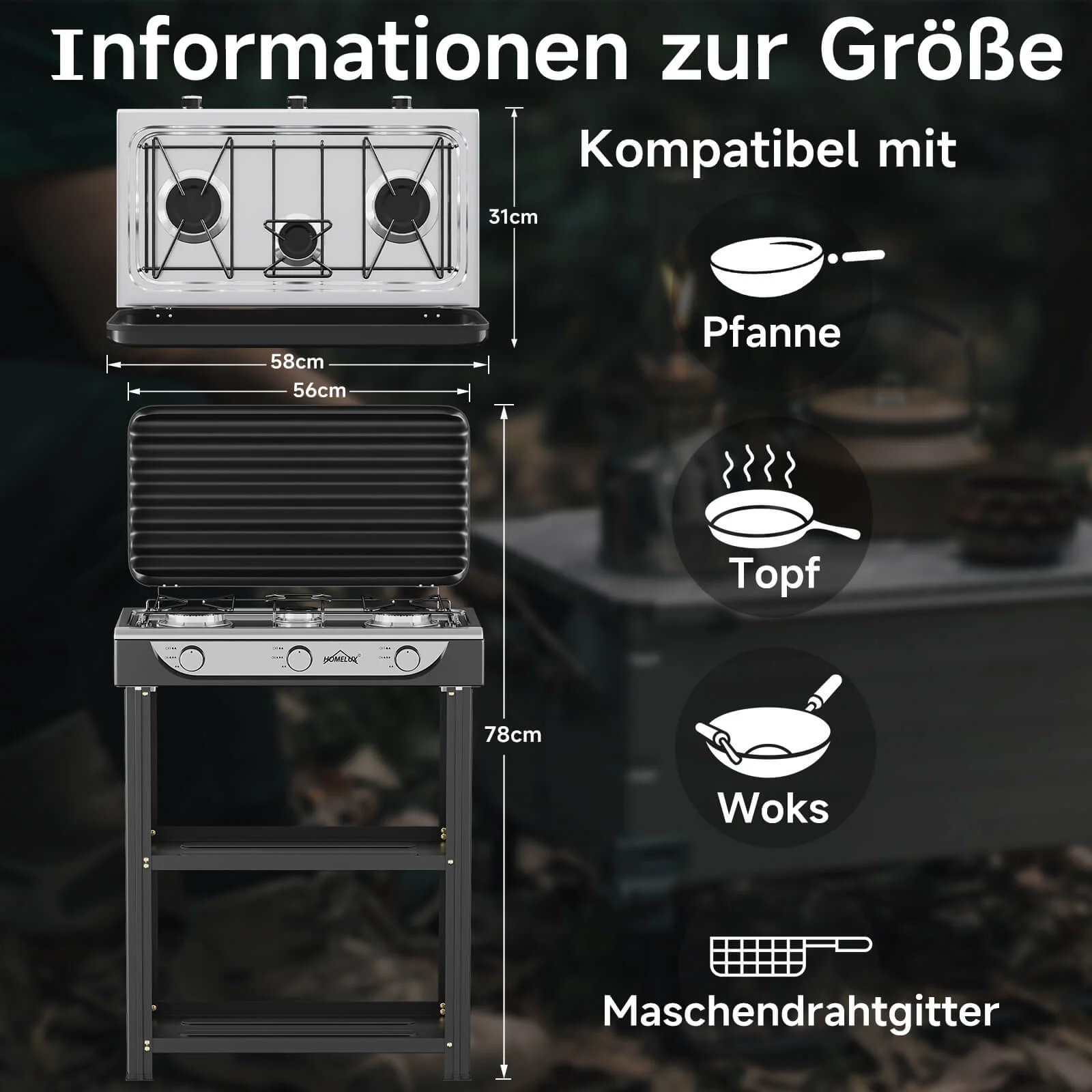 HOMELUX 3-flammiger 5,4 kW Gaskocher Camping Gaskocher mit Regalen mit 1,5 m Anschlussschlauch und 50 mbar Druckminderer - Image 3