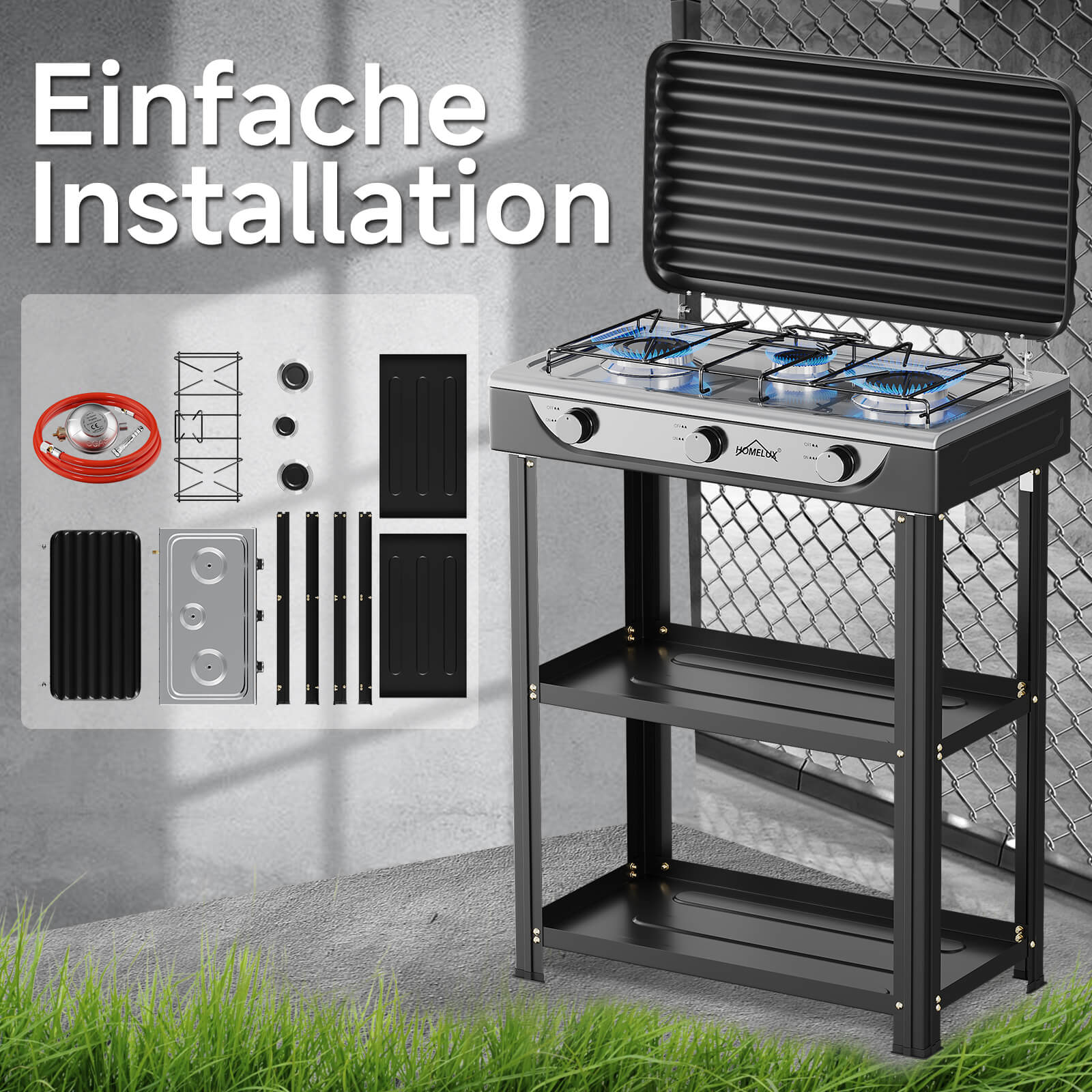 HOMELUX 3-flammiger 5,4 kW Gaskocher Camping Gaskocher mit Regalen mit 1,5 m Anschlussschlauch und 50 mbar Druckminderer - Image 4