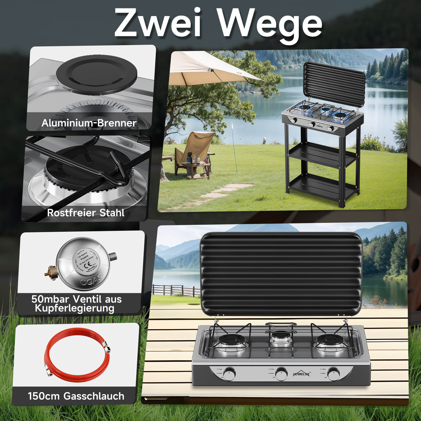 HOMELUX 3-flammiger 5,4 kW Gaskocher Camping Gaskocher mit Regalen mit 1,5 m Anschlussschlauch und 50 mbar Druckminderer - Image 5
