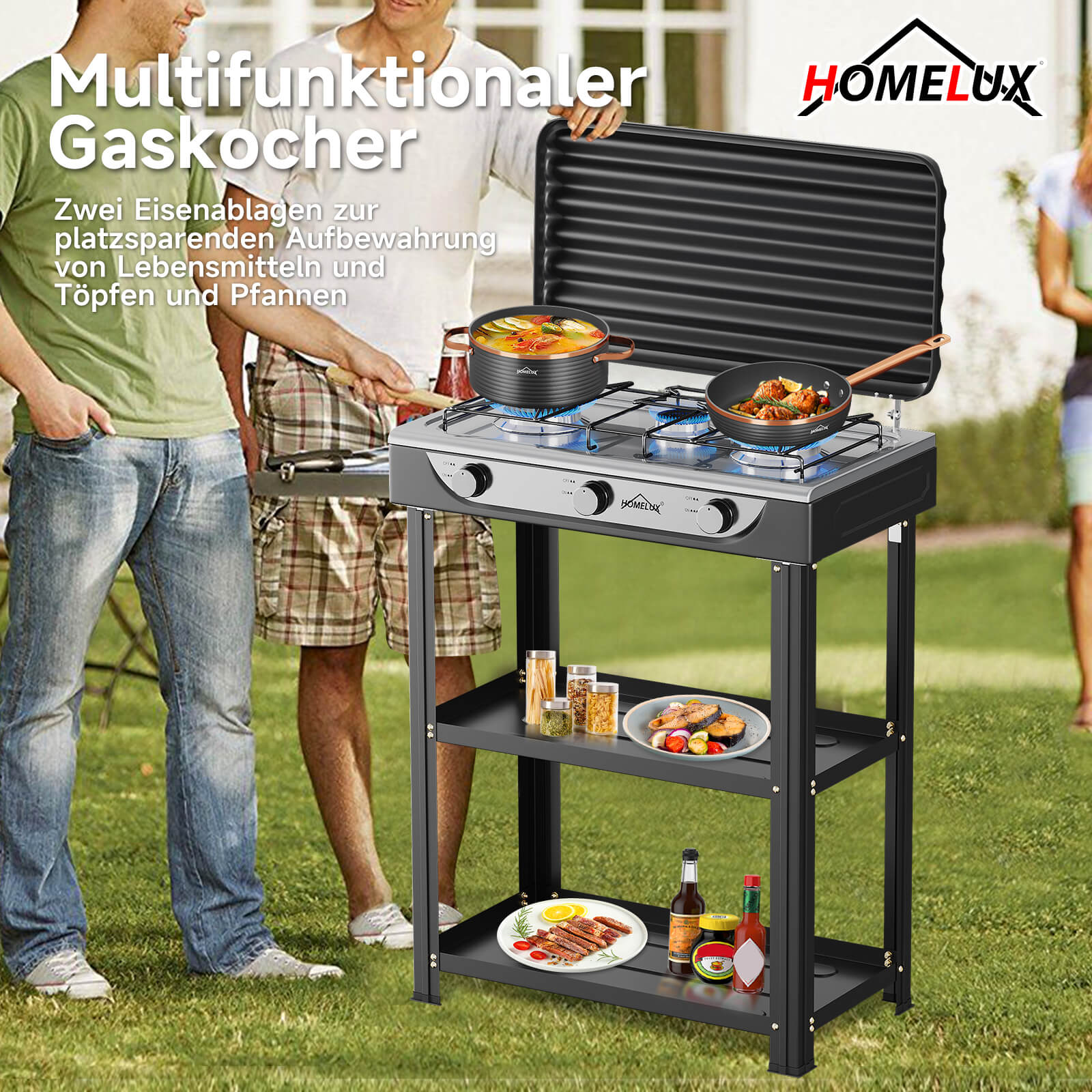 HOMELUX 3-flammiger 5,4 kW Gaskocher Camping Gaskocher mit Regalen mit 1,5 m Anschlussschlauch und 50 mbar Druckminderer - Image 8