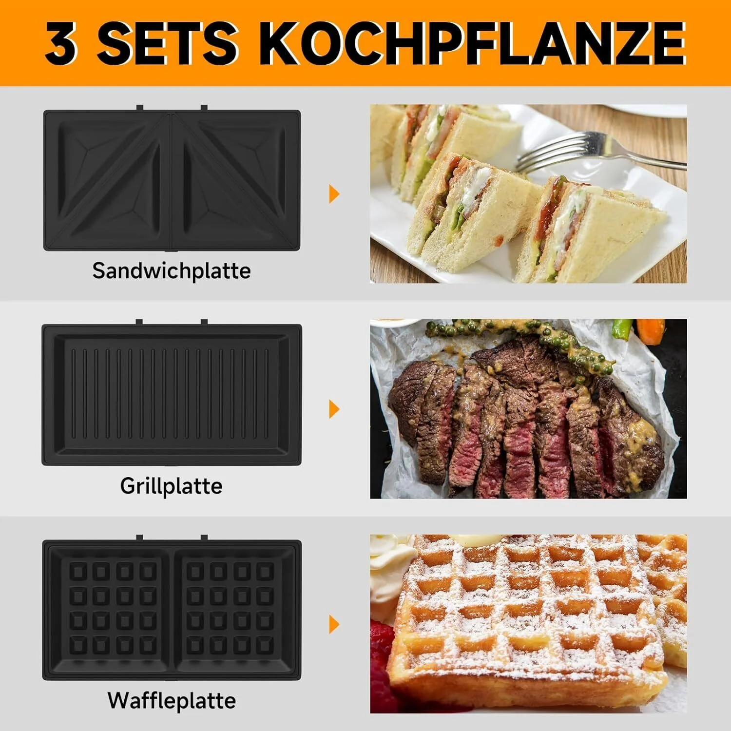 3-in-1 Sandwichtoaster & Waffeleisen von HOMELUX Kontaktgrill & Paninipresse, Antihaftbeschichtung, Leicht zu Reinigen - Image 5