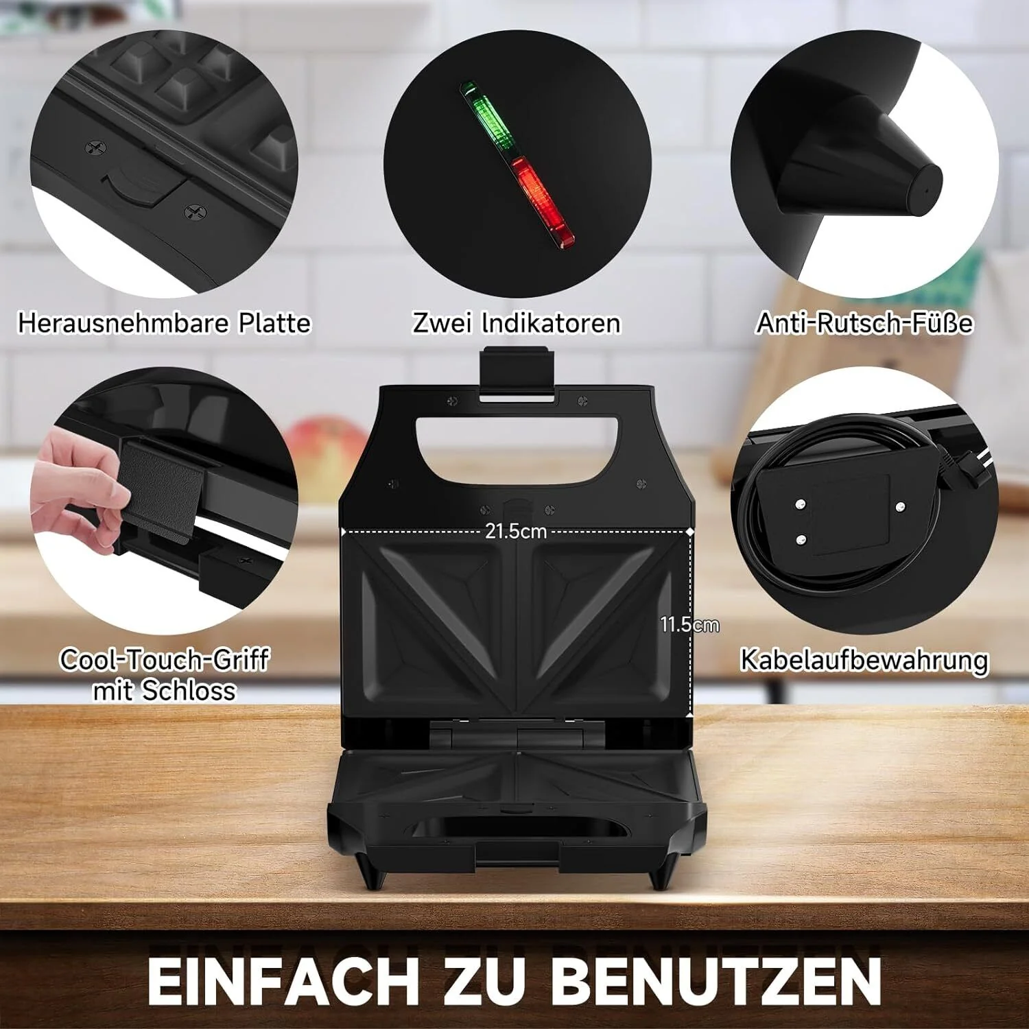 3-in-1 Sandwichtoaster & Waffeleisen von HOMELUX Kontaktgrill & Paninipresse, Antihaftbeschichtung, Leicht zu Reinigen - Image 7