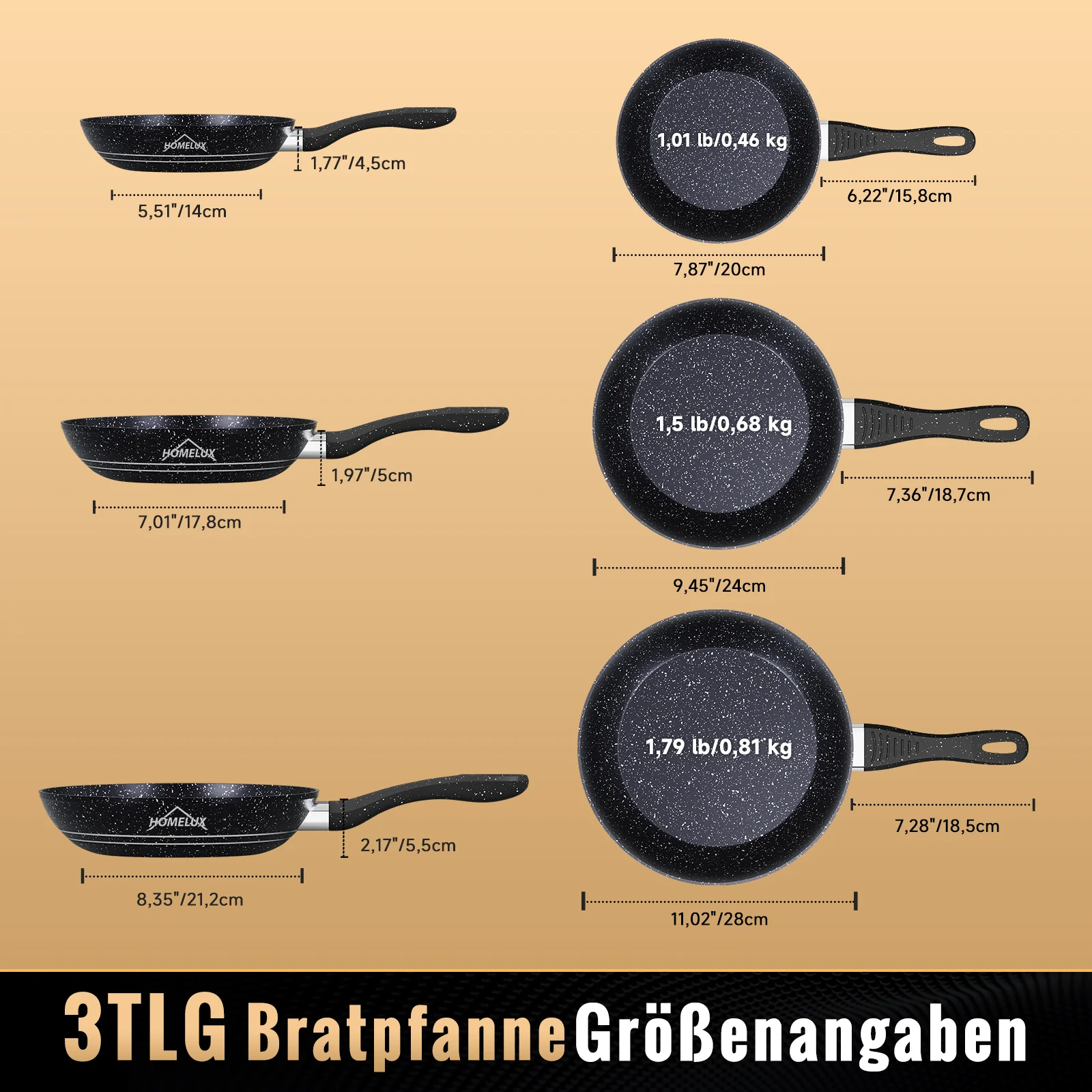 HOMELUX 3-teiliges Bratpfannen-Set Ø20/24/28cm, kratzfeste Antihaftbeschichtung, Induktion, für alle Herdarten geeignet - Image 3