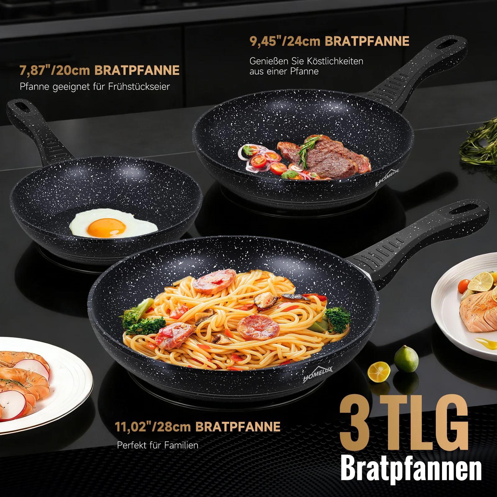 HOMELUX 3-teiliges Bratpfannen-Set Ø20/24/28cm, kratzfeste Antihaftbeschichtung, Induktion, für alle Herdarten geeignet - Image 7