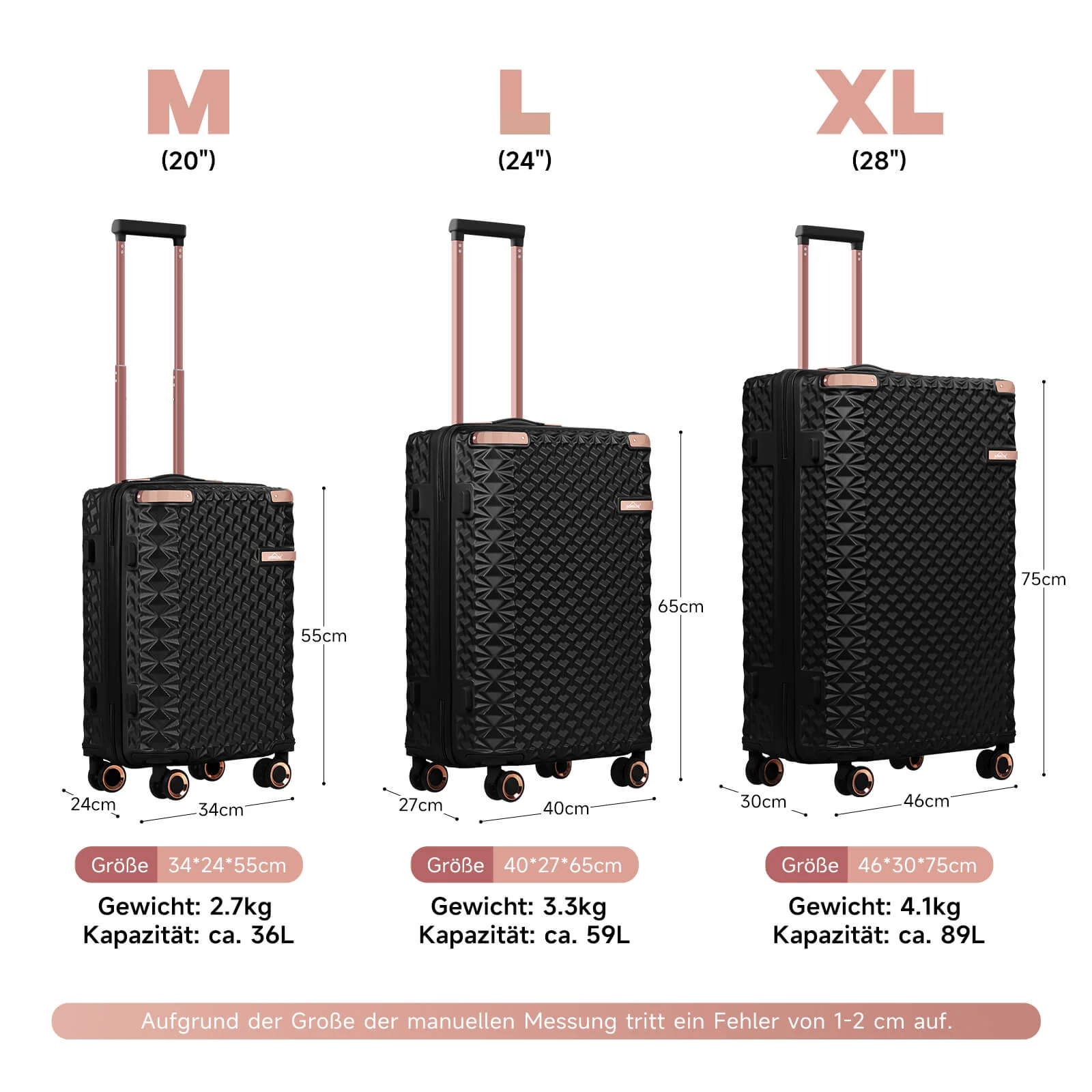 HOMELUX 3-teiliges Kofferset , Hartschalen-Reisekoffer, Leicht, ABS, Trolley-Rollkoffer, M-L-XL Hartschalenkoffer-Set - Image 3