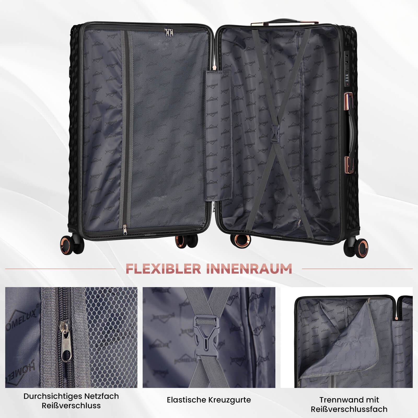 HOMELUX 3-teiliges Kofferset , Hartschalen-Reisekoffer, Leicht, ABS, Trolley-Rollkoffer, M-L-XL Hartschalenkoffer-Set - Image 6